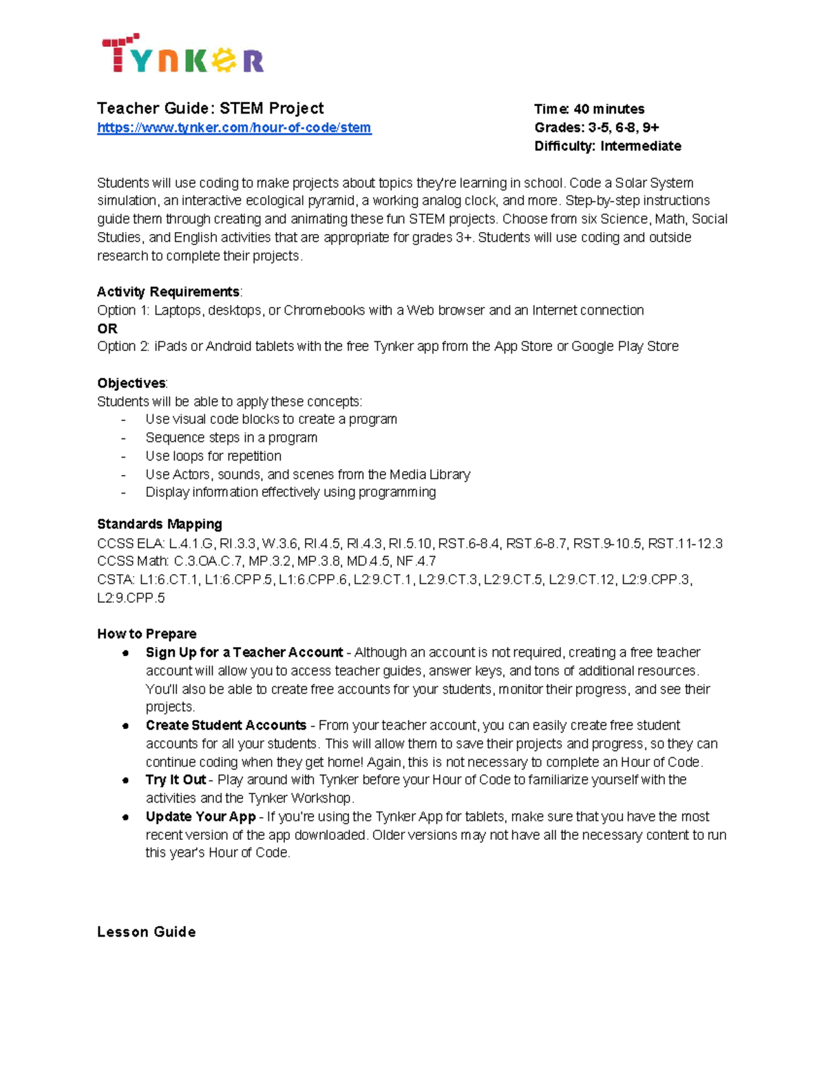 Tynker stem teacher guide Teacher Guide STEM Project Time 40