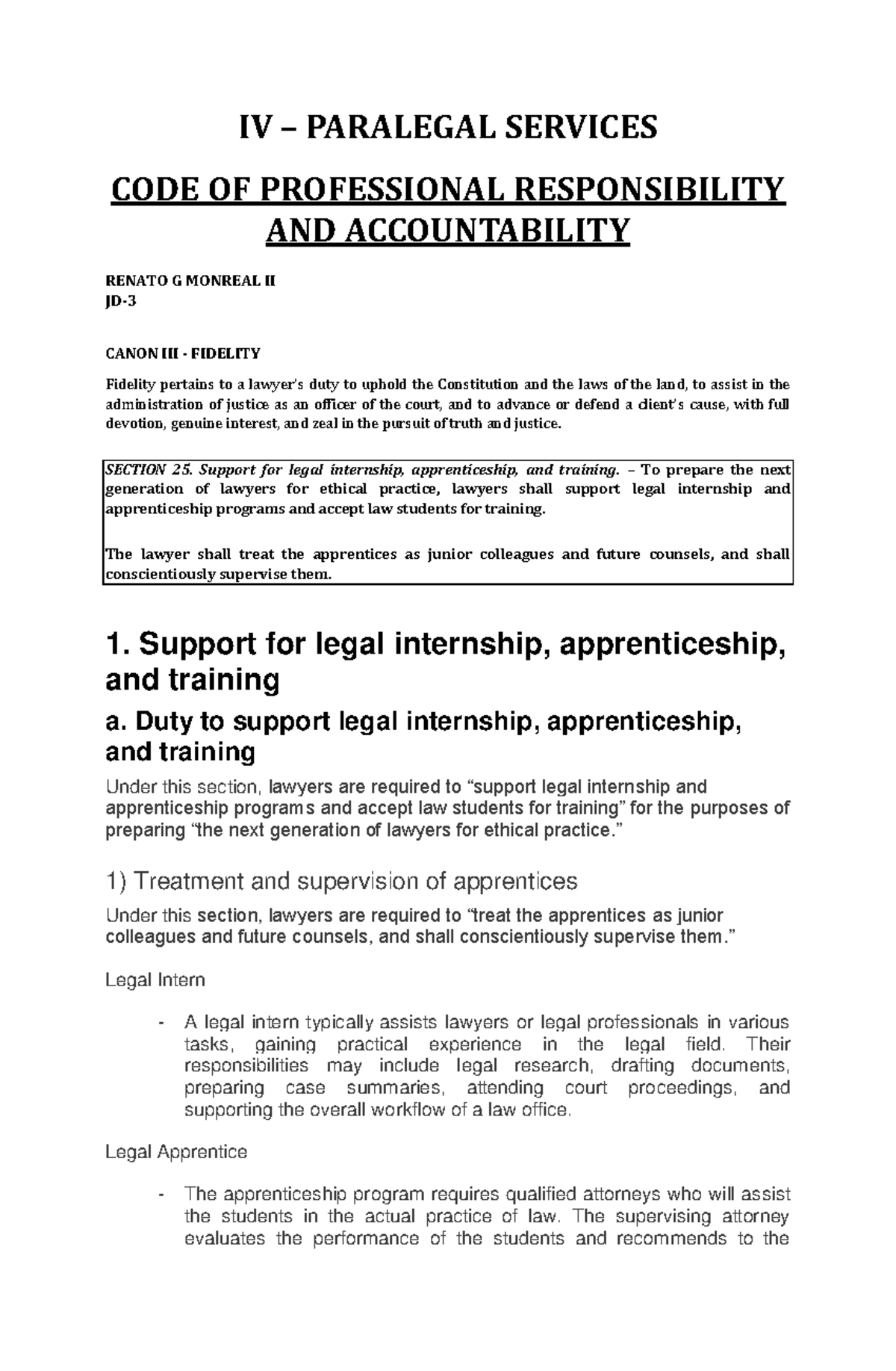 Monreal PALE Report - just some notes on legal ethics - IV – PARALEGAL ...