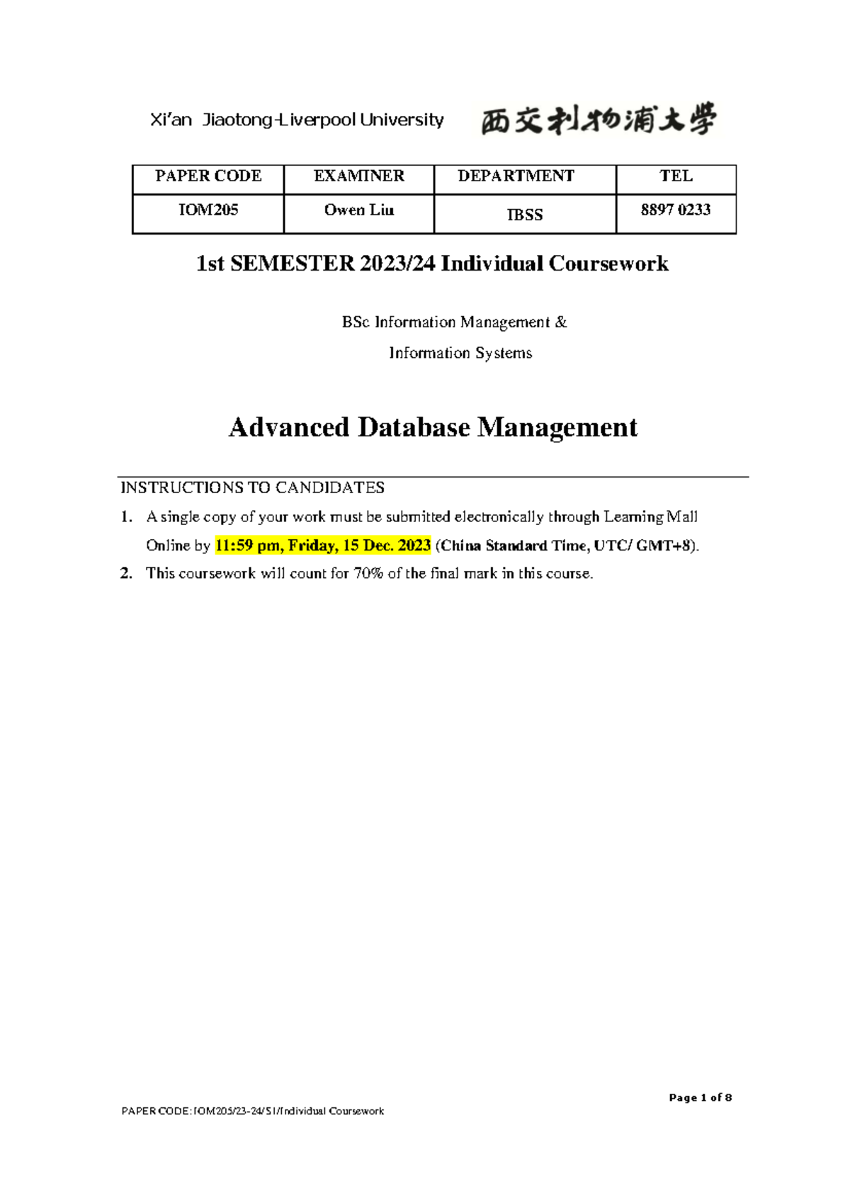 IOM205 Individual Coursework Marking Scheme - Page 1 of 8 PAPER CODE ...