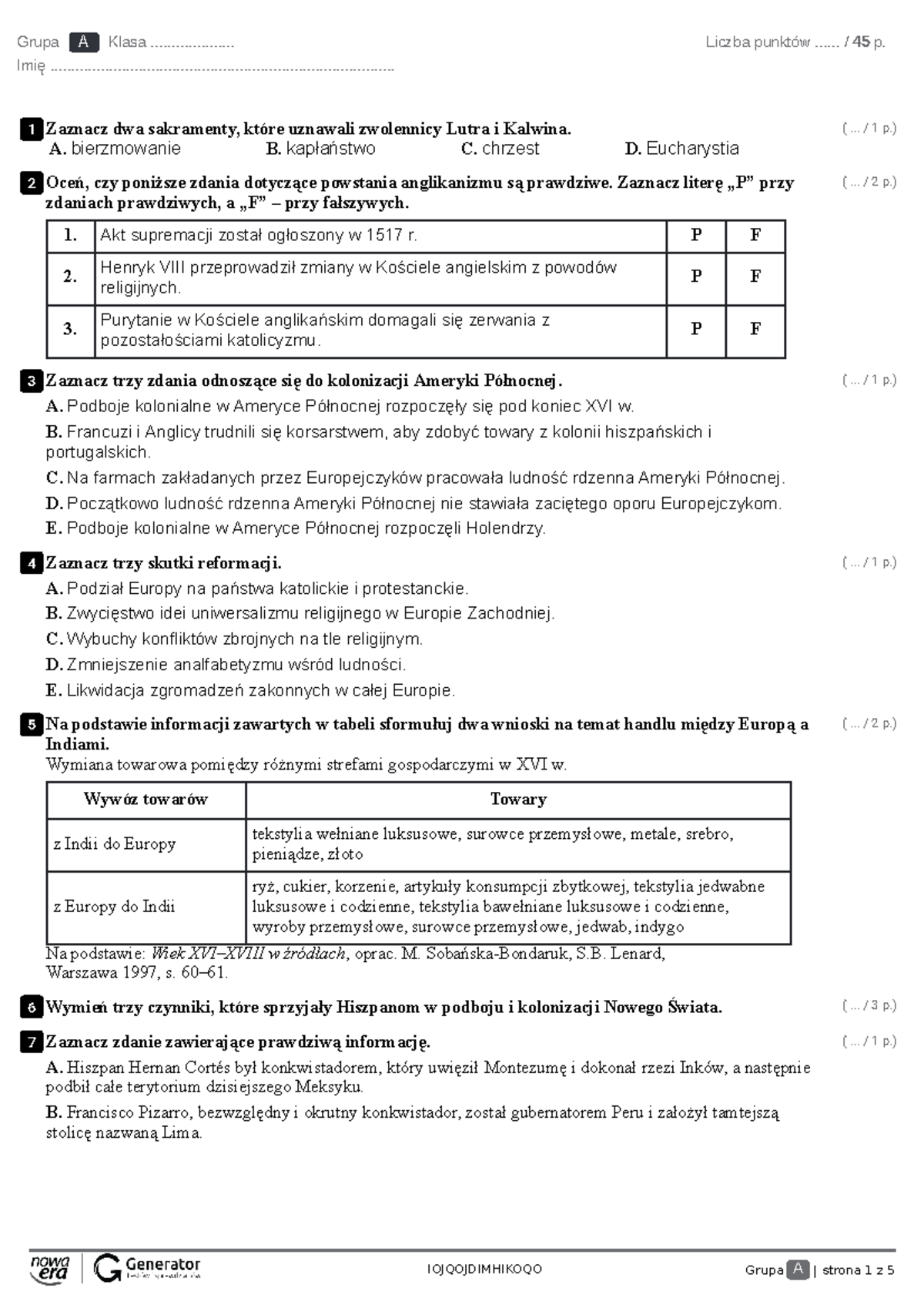 Odrodzenie Test (z widoczną punktacją) - Grupa A Klasa