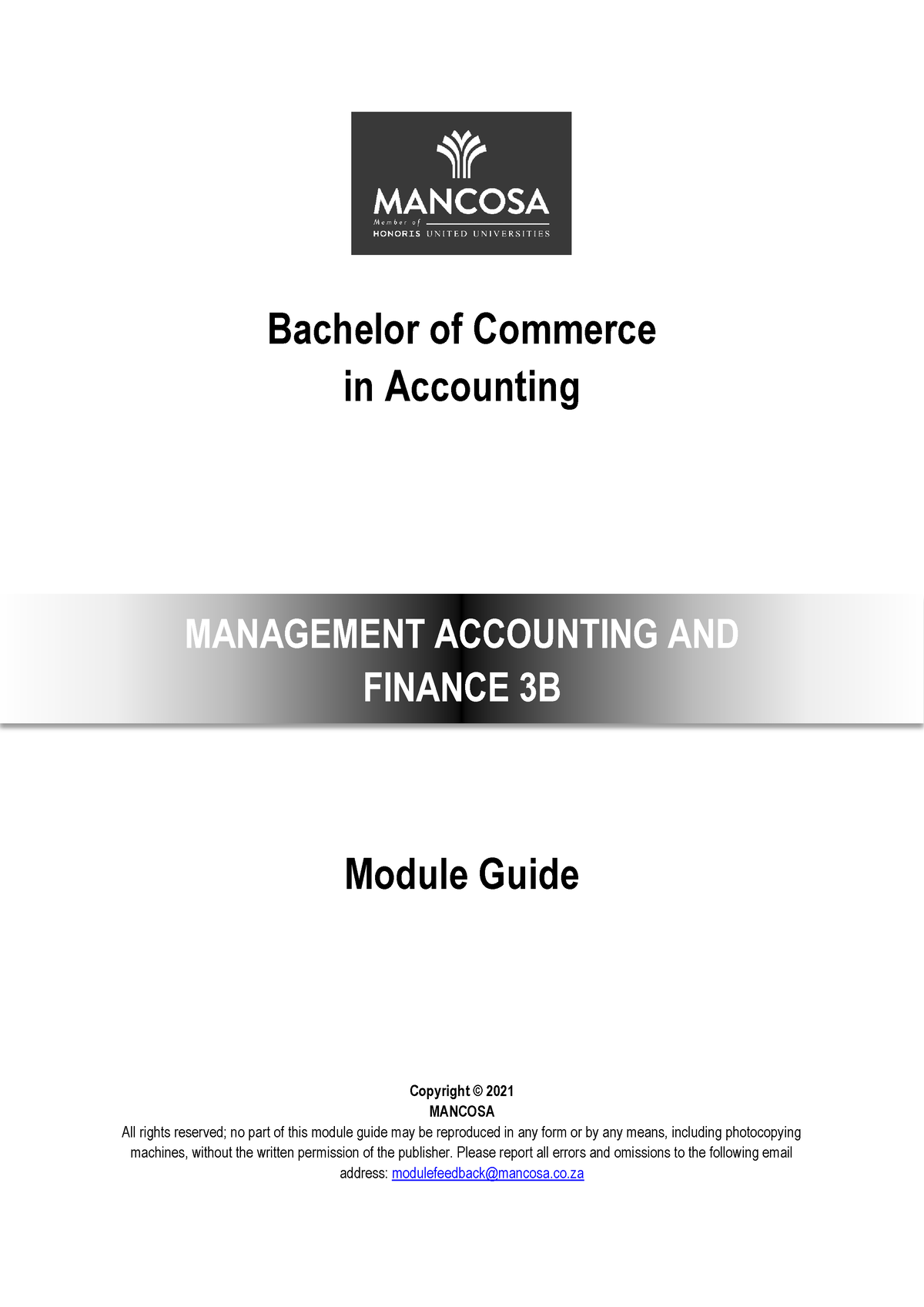 BCom Acc - Management Accounting And Finance 3B - Bachelor Of Commerce ...