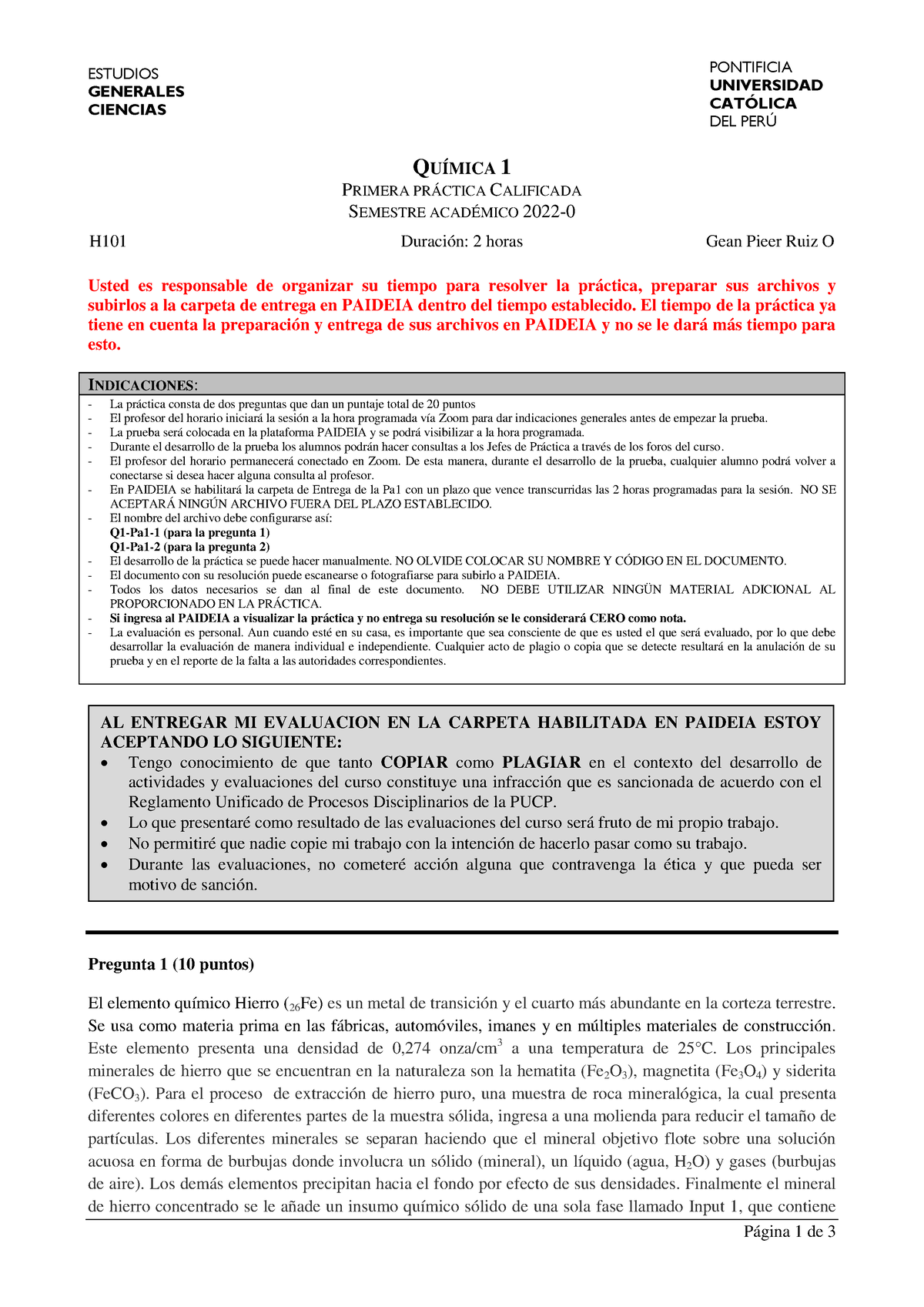 Primera Practica Calificada 1QUI01 2022-0 - ESTUDIOS GENERALES CIENCIAS ...