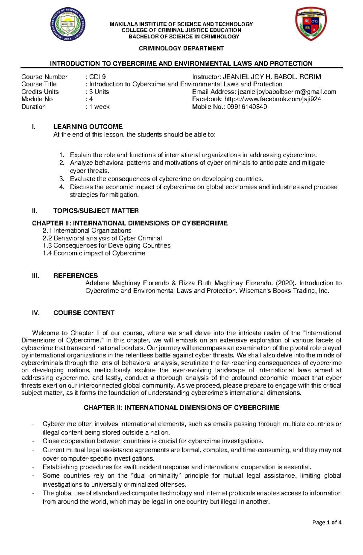 Module 4 CDI 9 - Work - COLLEGE OF CRIMINAL JUSTICE EDUCATION BACHELOR ...