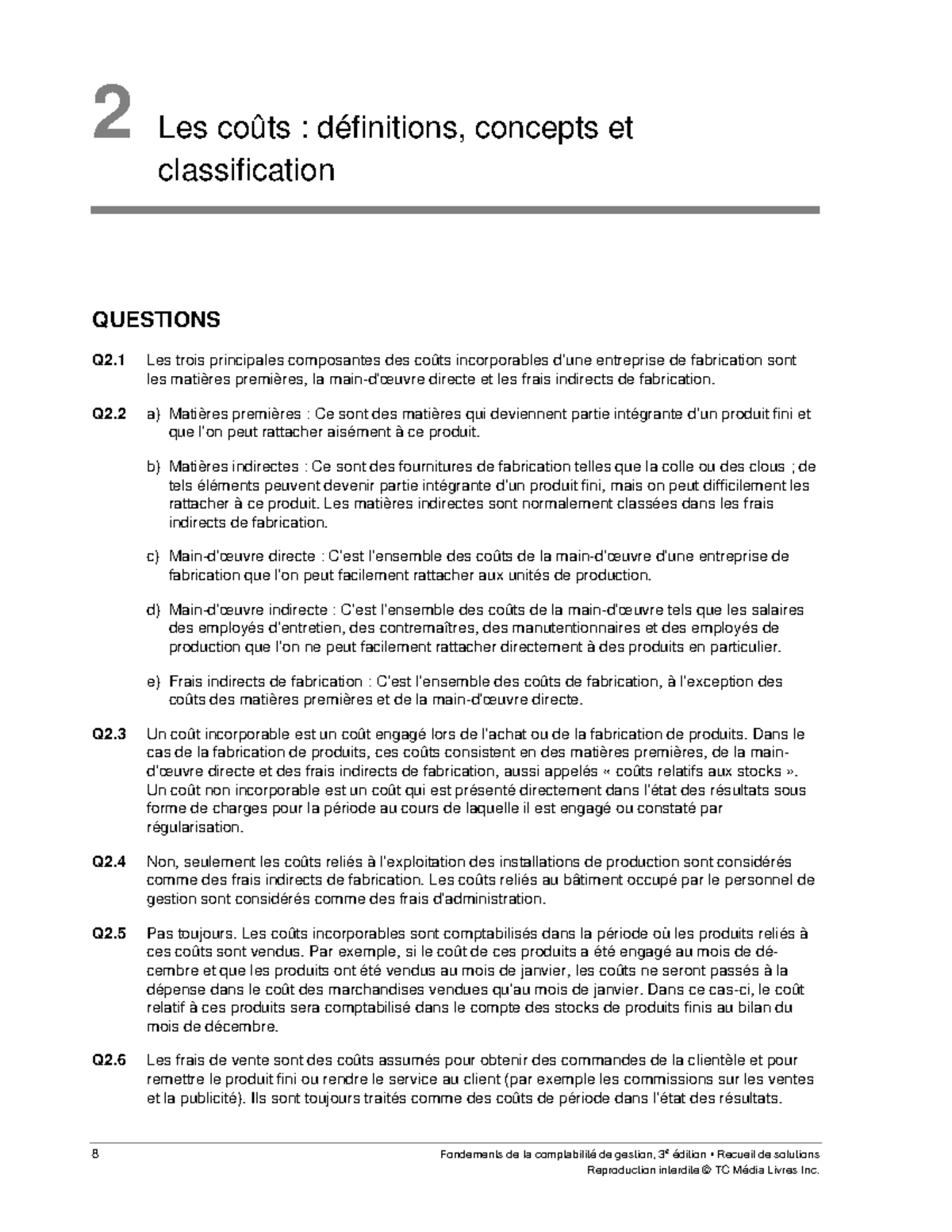 Fondements De La Comptabilité De Gestion 3e édition Ch02 solutionnaire - Corriger - 8 Fondements de la comptabilité de gestion, 3e  édition • Recueil de - Studocu