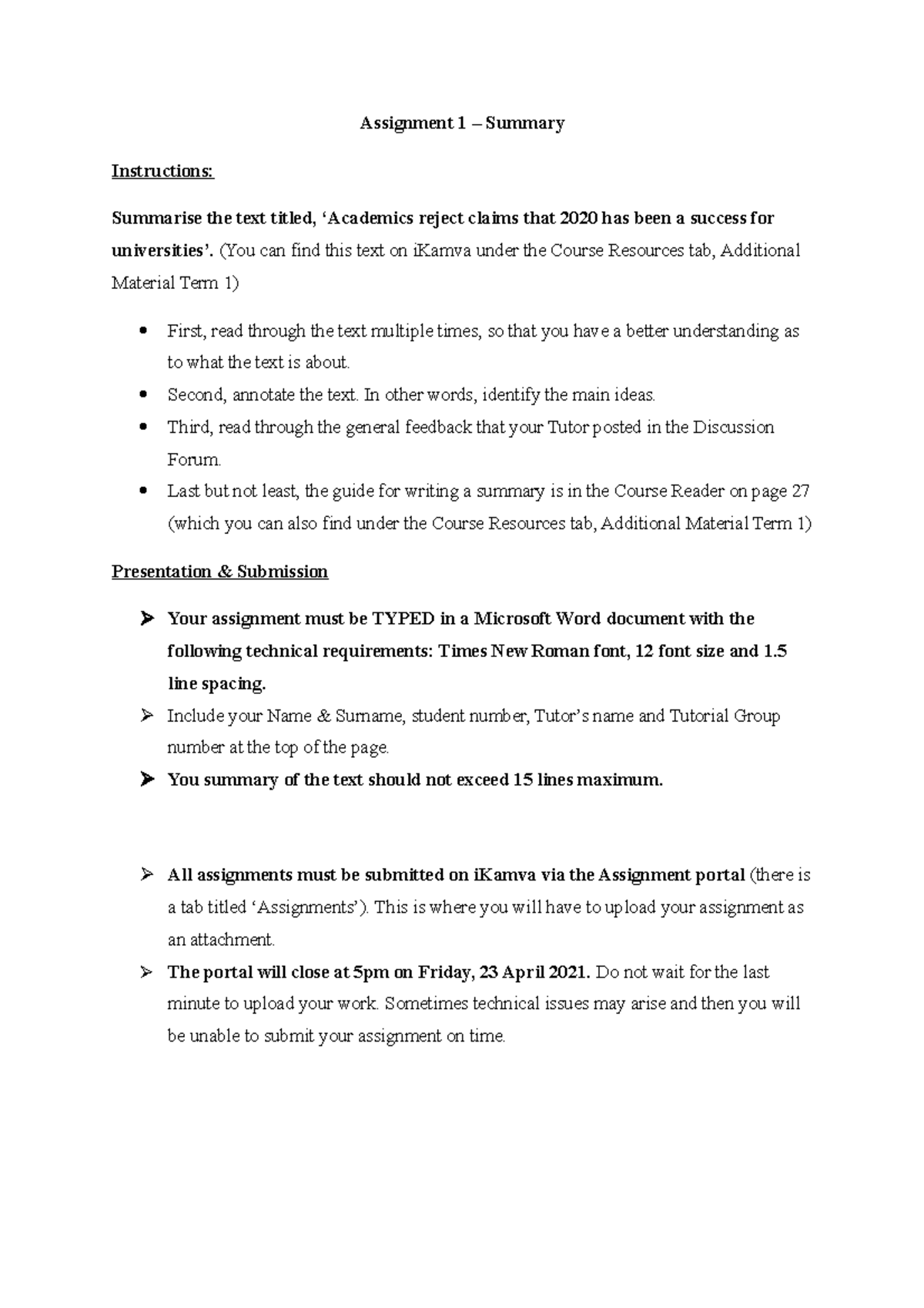 Assignment 1 - Summary instructions - Assignment 1 – Summary ...