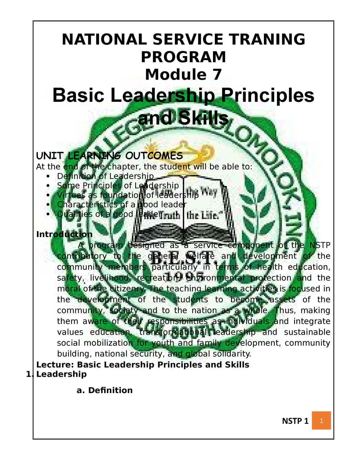 NSTP 1 Module 7 - NATIONAL SERVICE TRANING PROGRAM Module 7 Basic ...