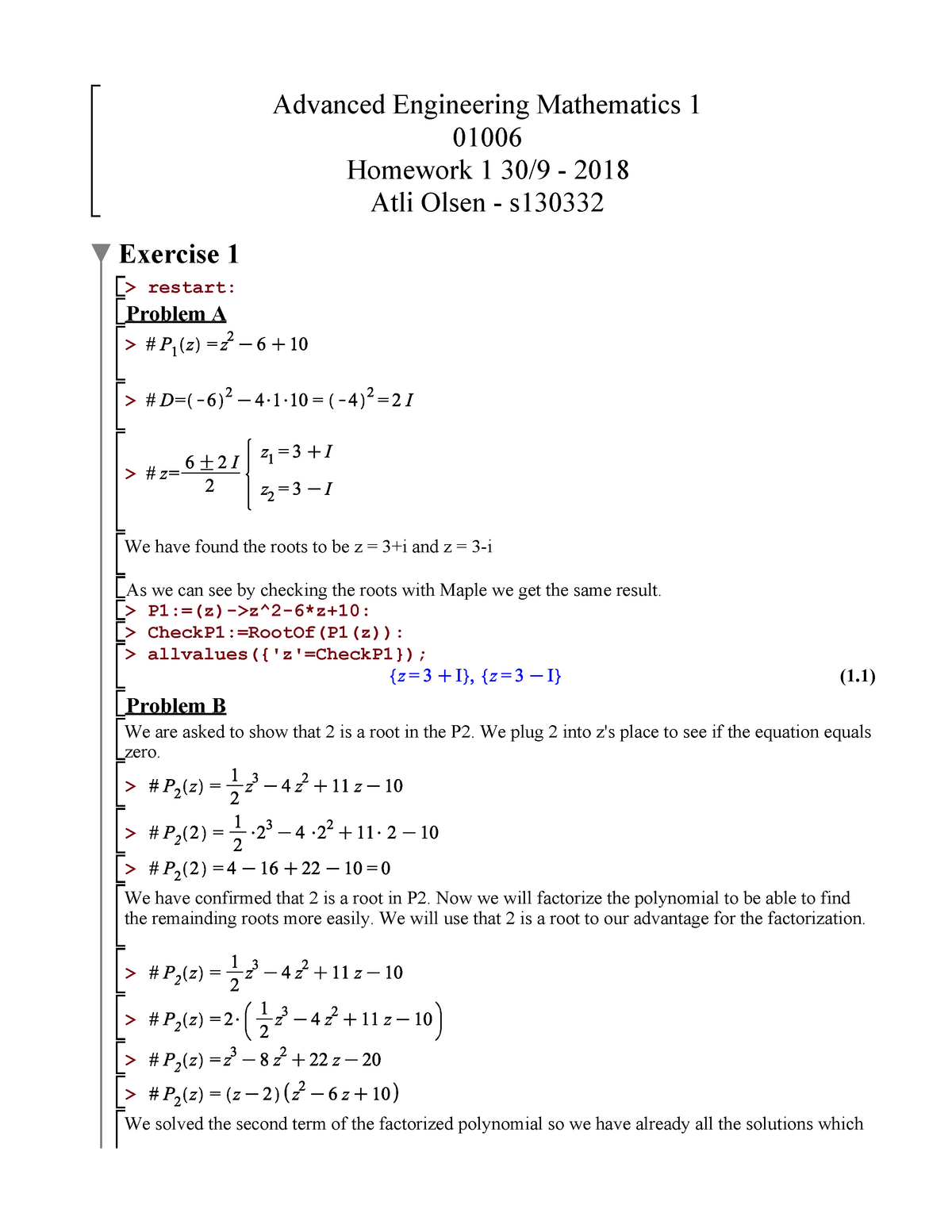 Homework 1 - Advanced Engineering Mathematics 1 01006 Homework 1 