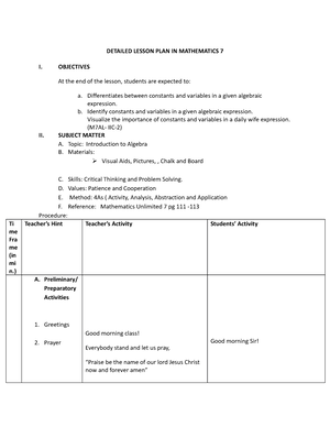 Detailed lesson plan Translating Verbal Phrase to mathematical ...