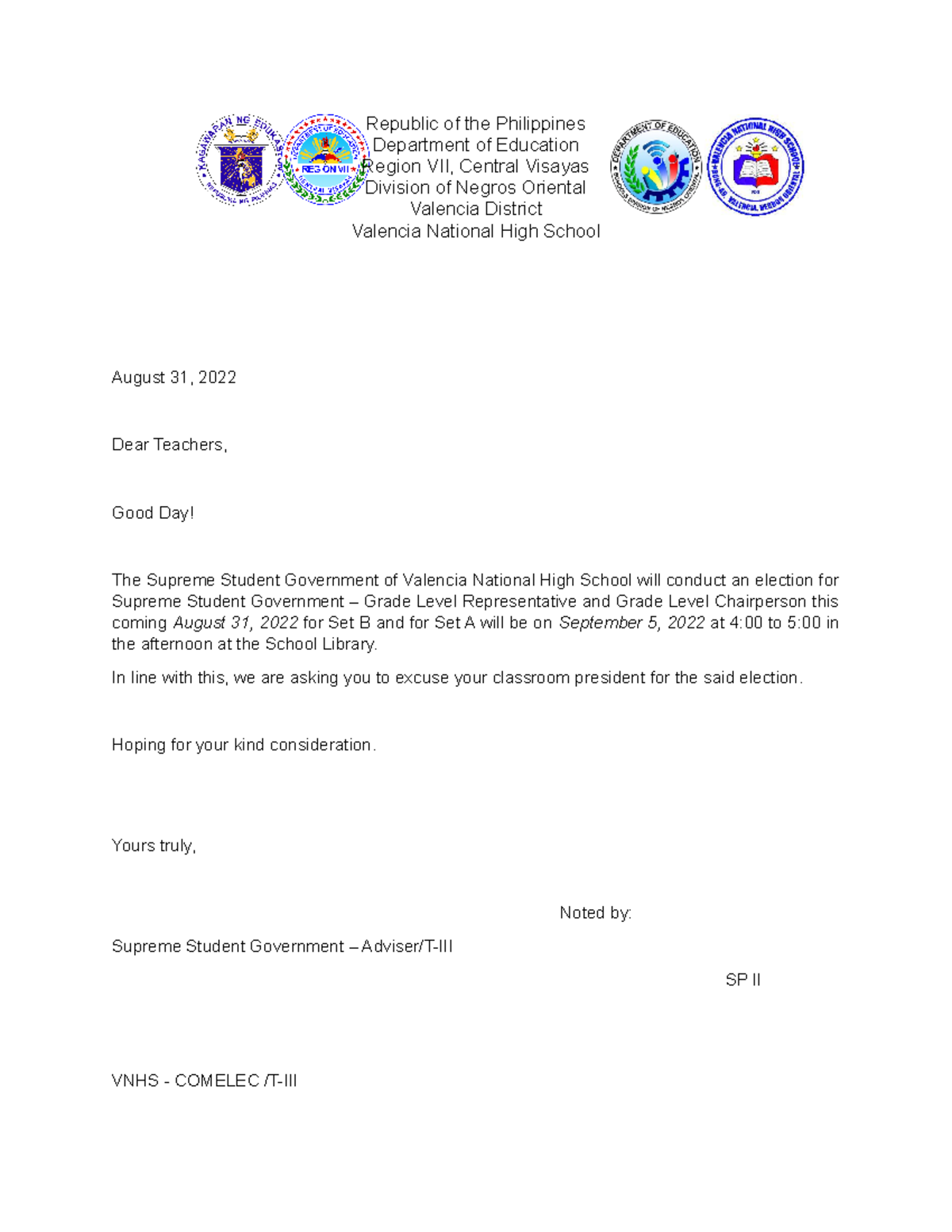 Letter For Election - Republic Of The Philippinesdepartment Of 