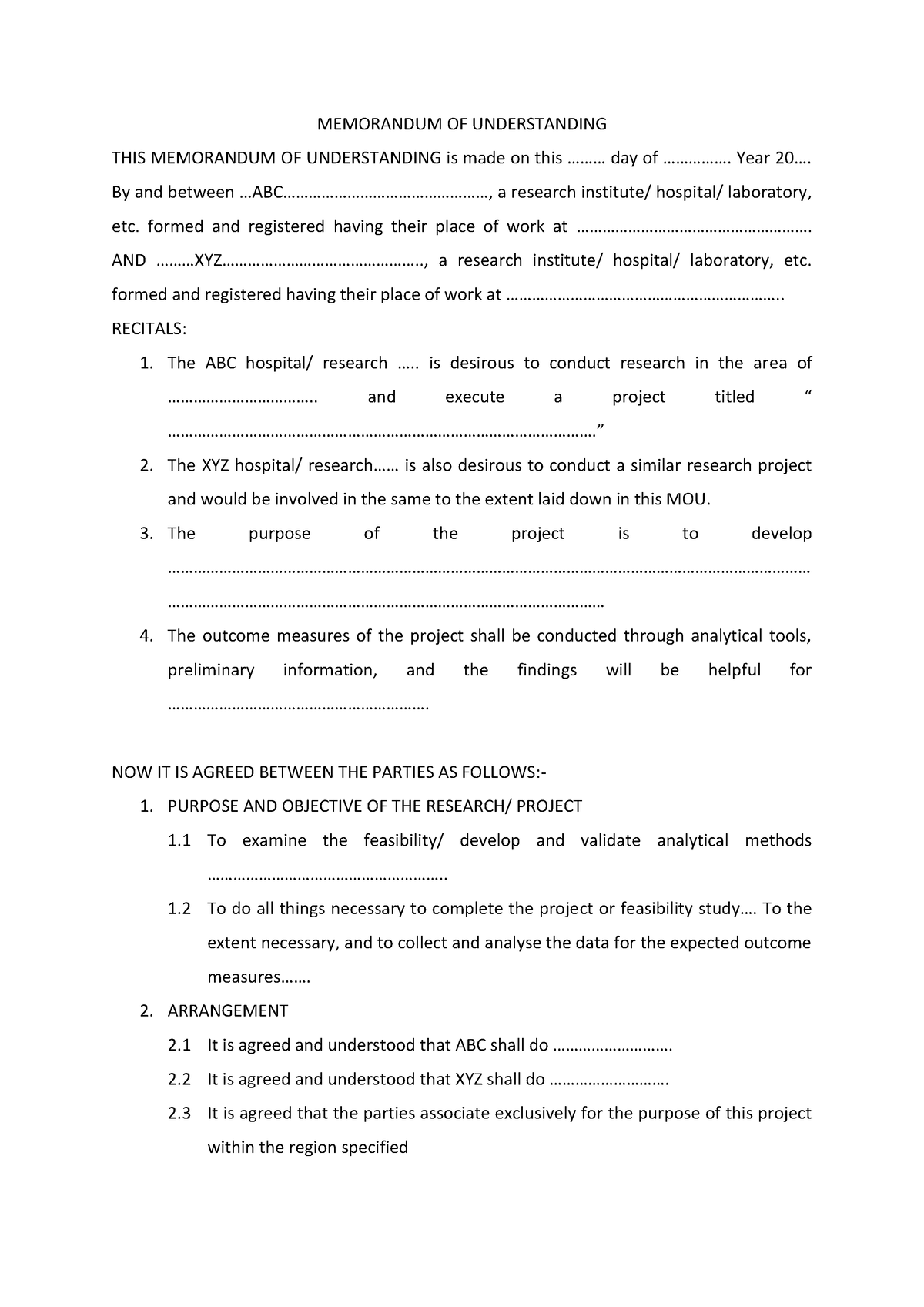 Sample formate of Memorandum of Understanding MOU 1 - MEMORANDUM OF ...