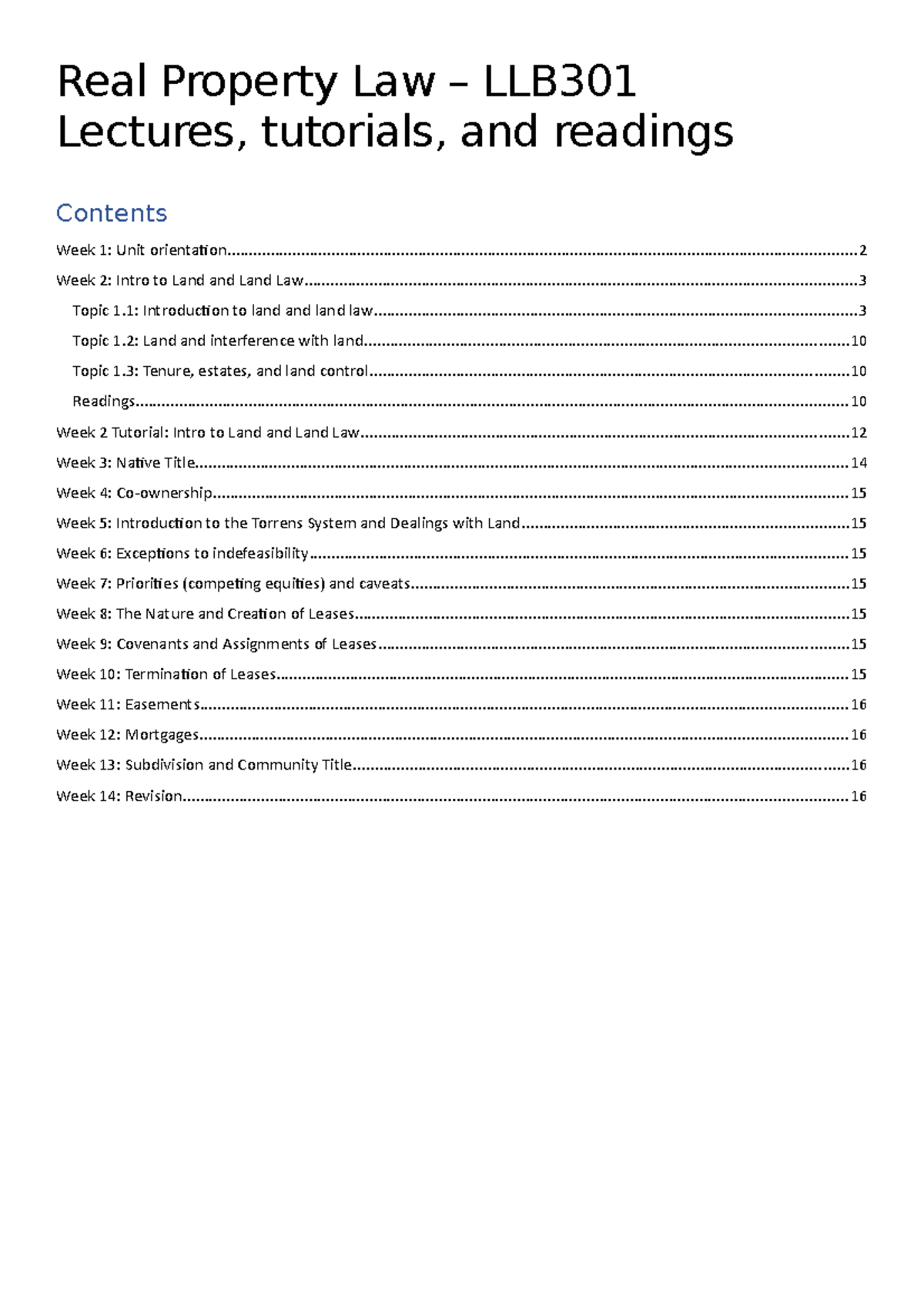 LLB301 Lecture Notes - Lectures, tutorials, and readings Real Property ...