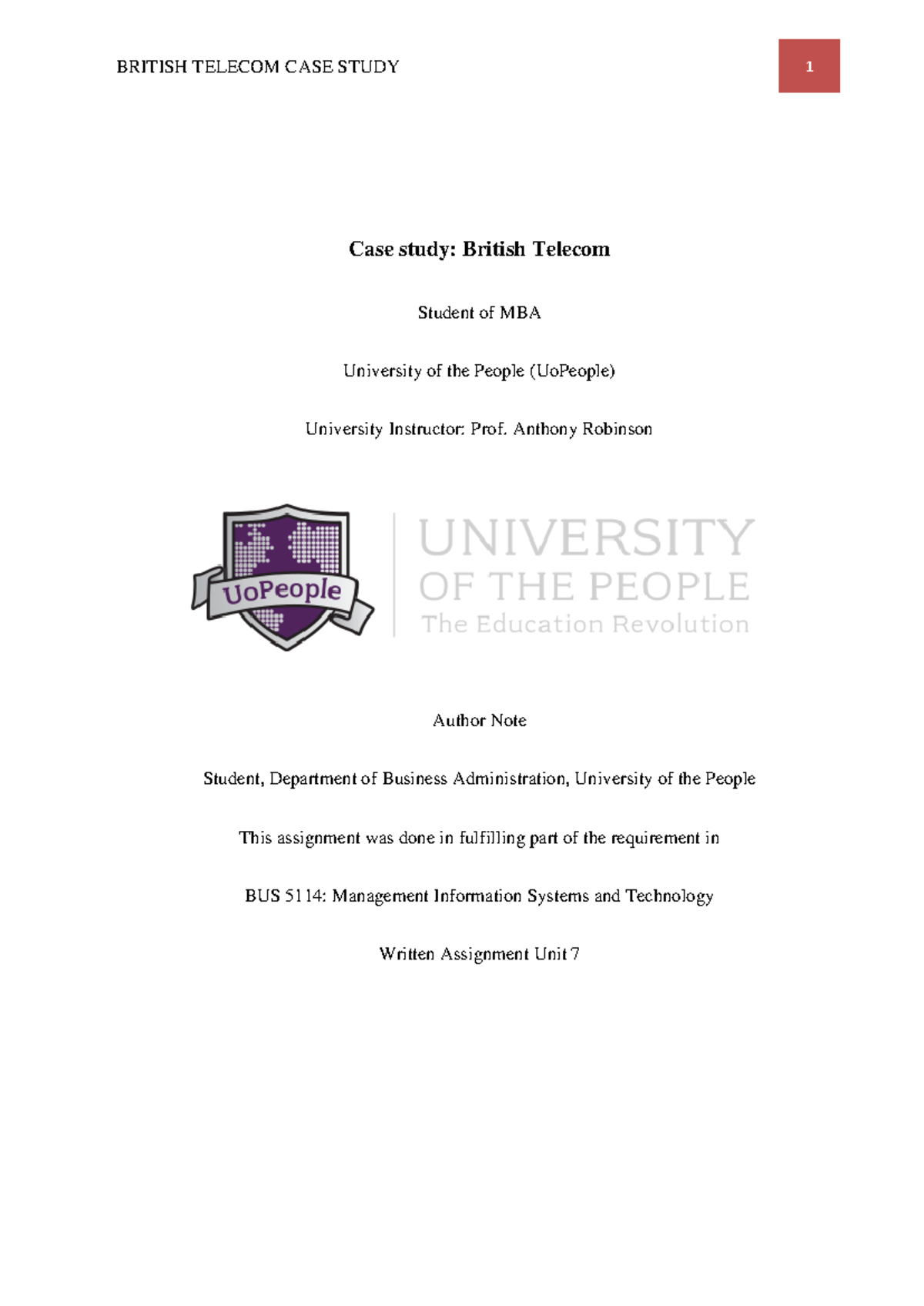 Unit- 7 assignment-British Telecom Case - Case study: British Telecom ...