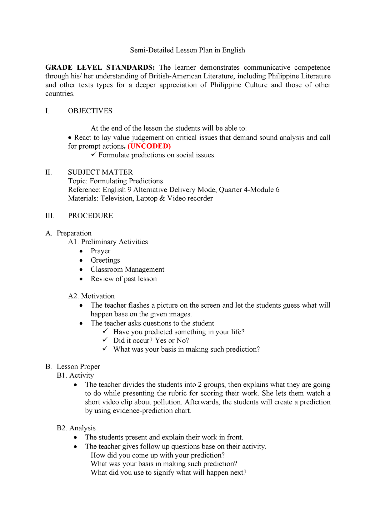 Formulating Prediction - Semi-Detailed Lesson Plan in English GRADE ...