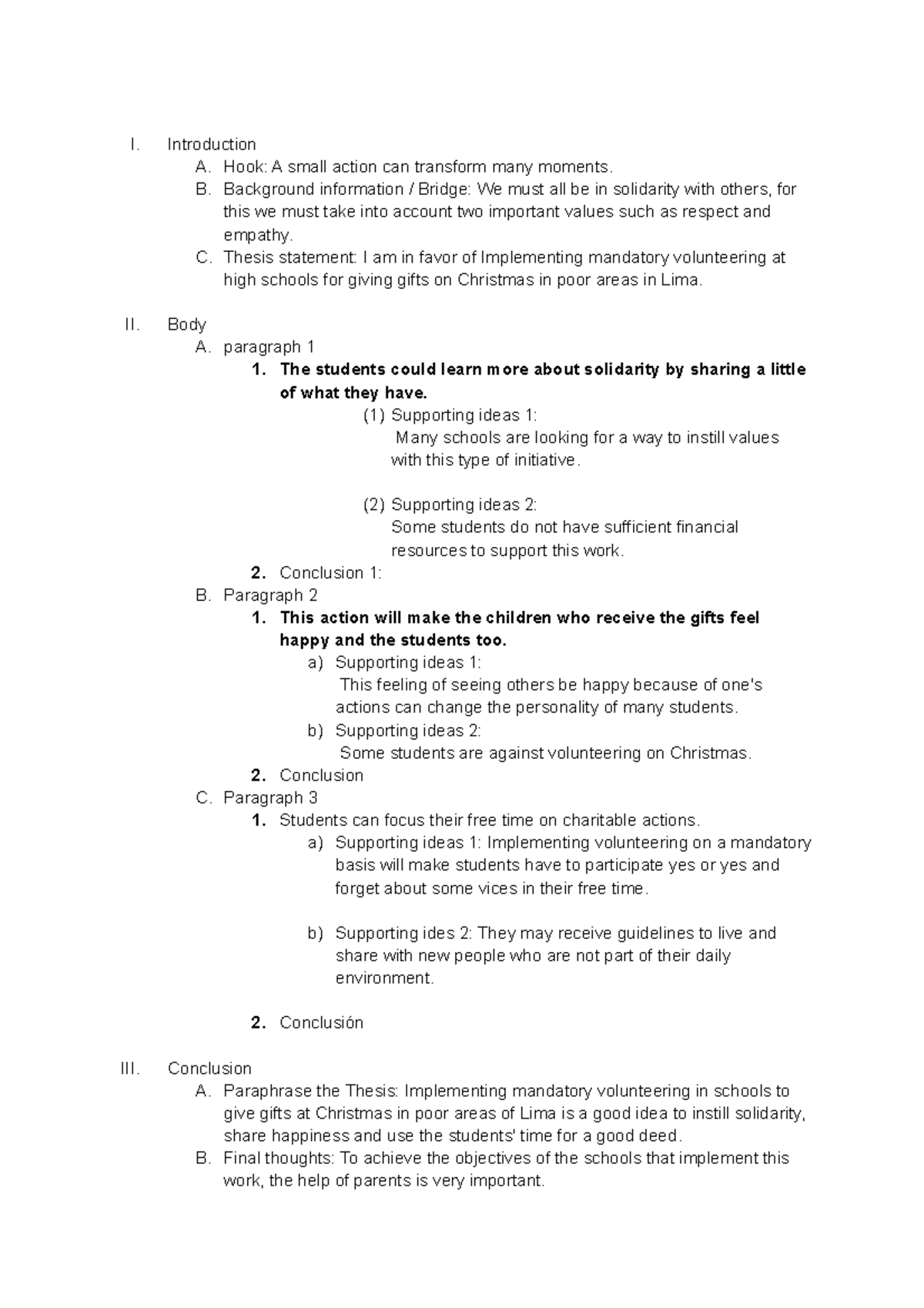 Outline 3 - ayuda visual - I. Introduction A. Hook: A small action can ...