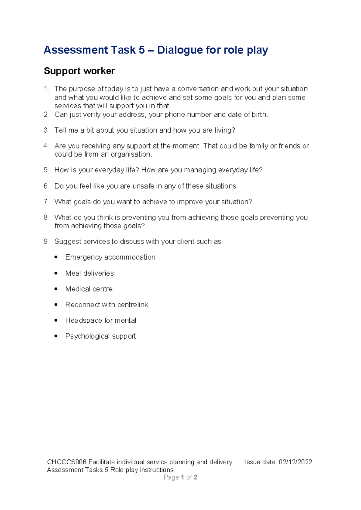 Chcccs 006 AT5 - Dialogue for role play - Assessment Task 5 – Dialogue ...