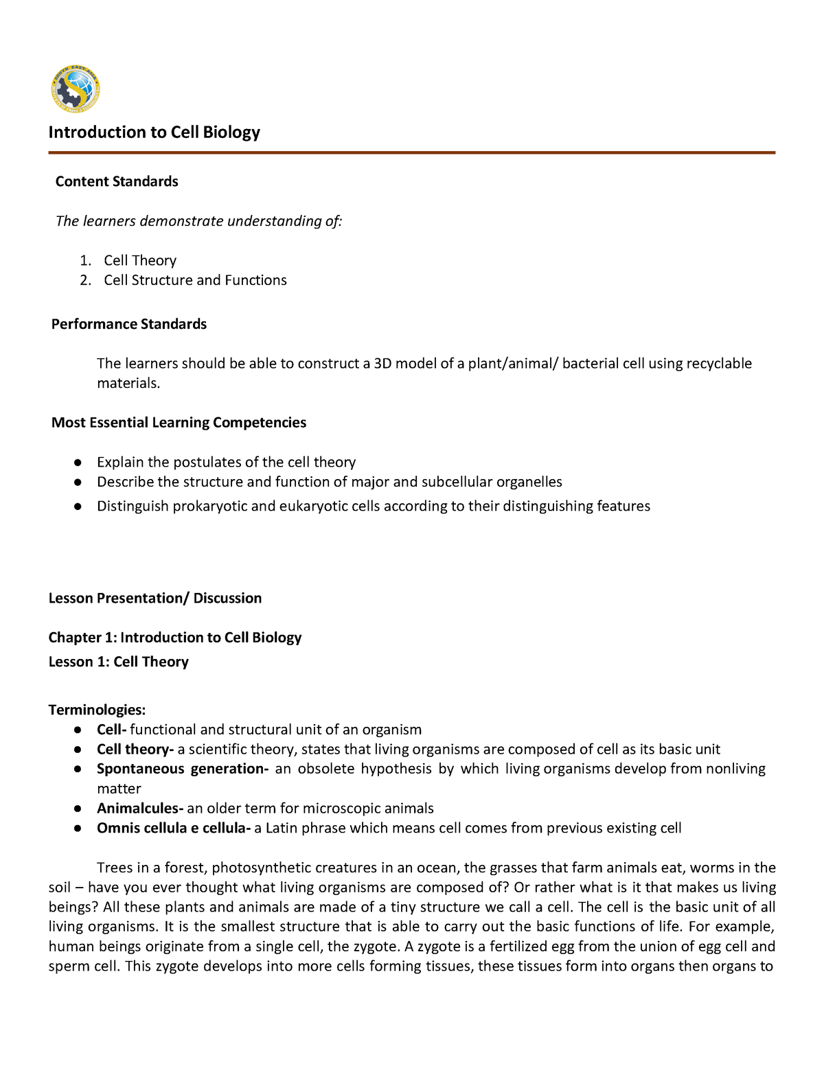 GB1 Reviewer - Summary Biology - Introduction to Cell Biology Content ...