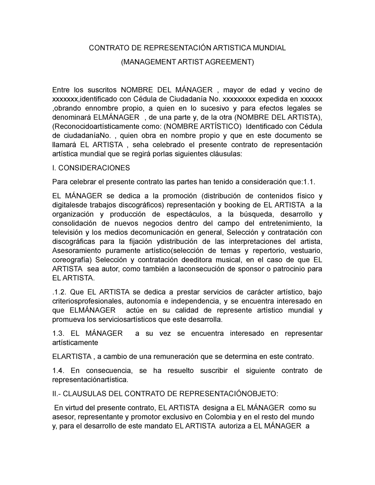 Modelo de Contrato de Representación Artistica Mundial - CONTRATO DE REPRESENTACIÓN  ARTISTICA - Studocu