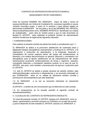 Modelo de Contrato de Representación Artistica Mundial - CONTRATO DE REPRESENTACIÓN  ARTISTICA - Studocu