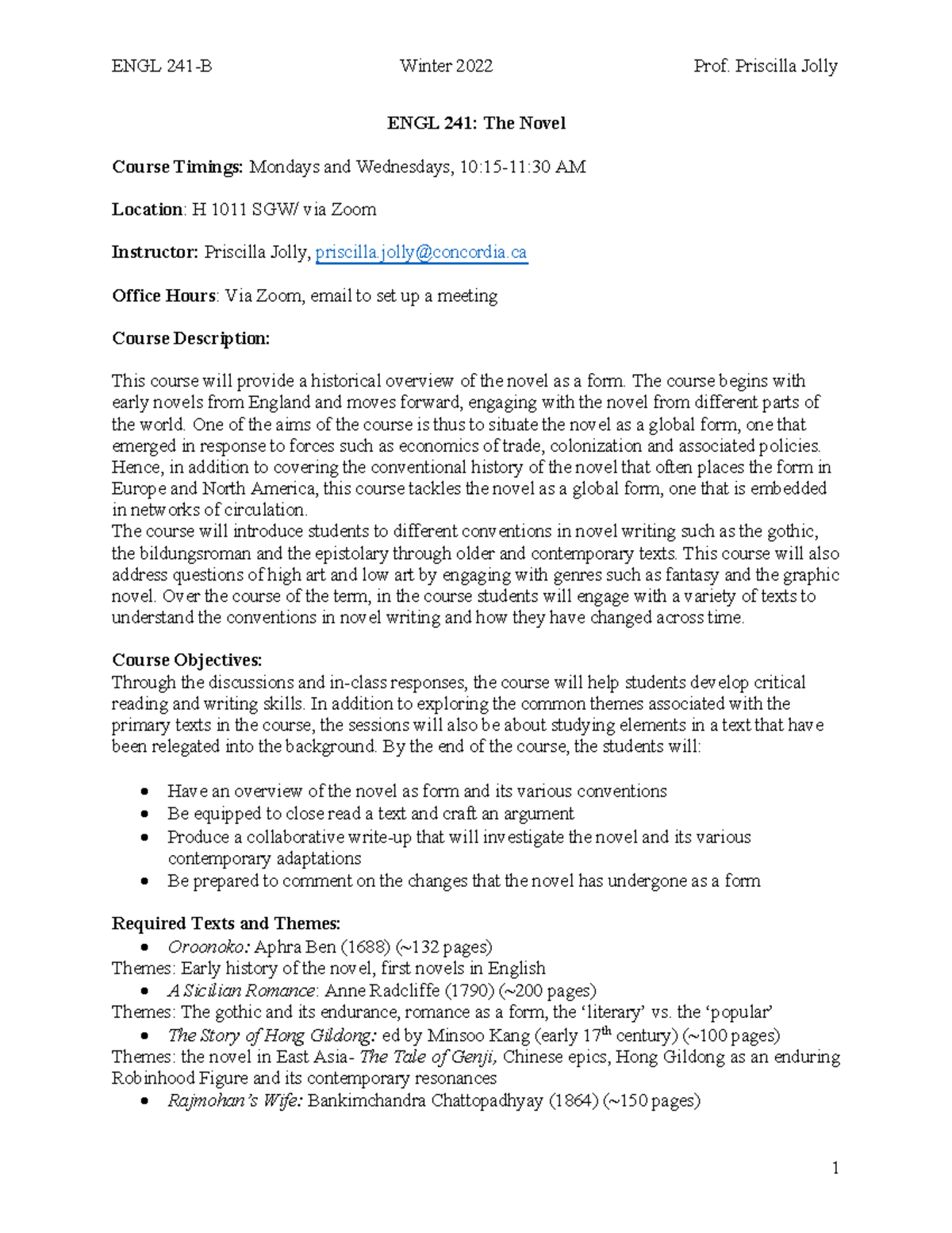 ENGLISH 241 The Novel Course Outline - ENGL 241: The Novel Course ...