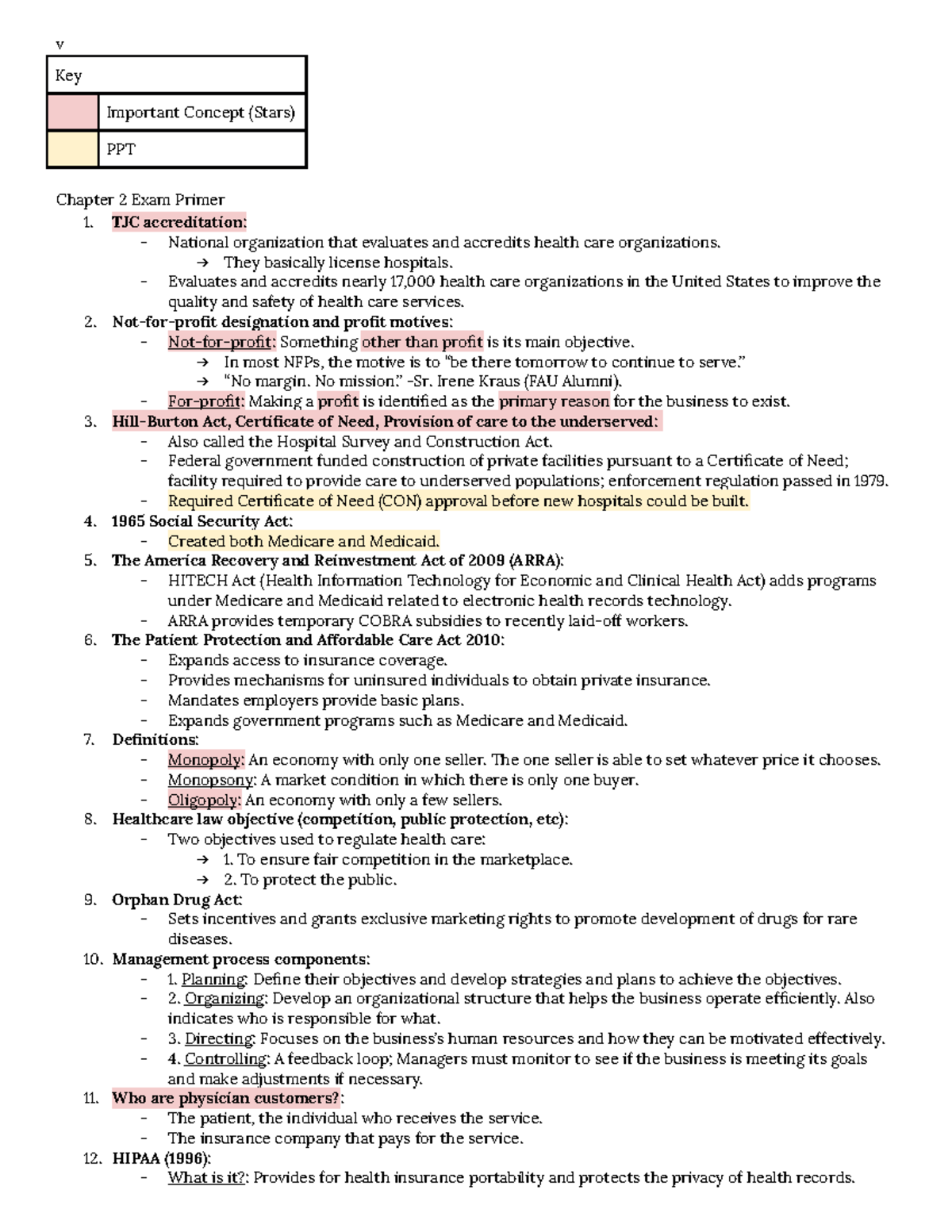 HSA 3111 Chapter #2 - Lecture Notes - V Key Important Concept (Stars ...