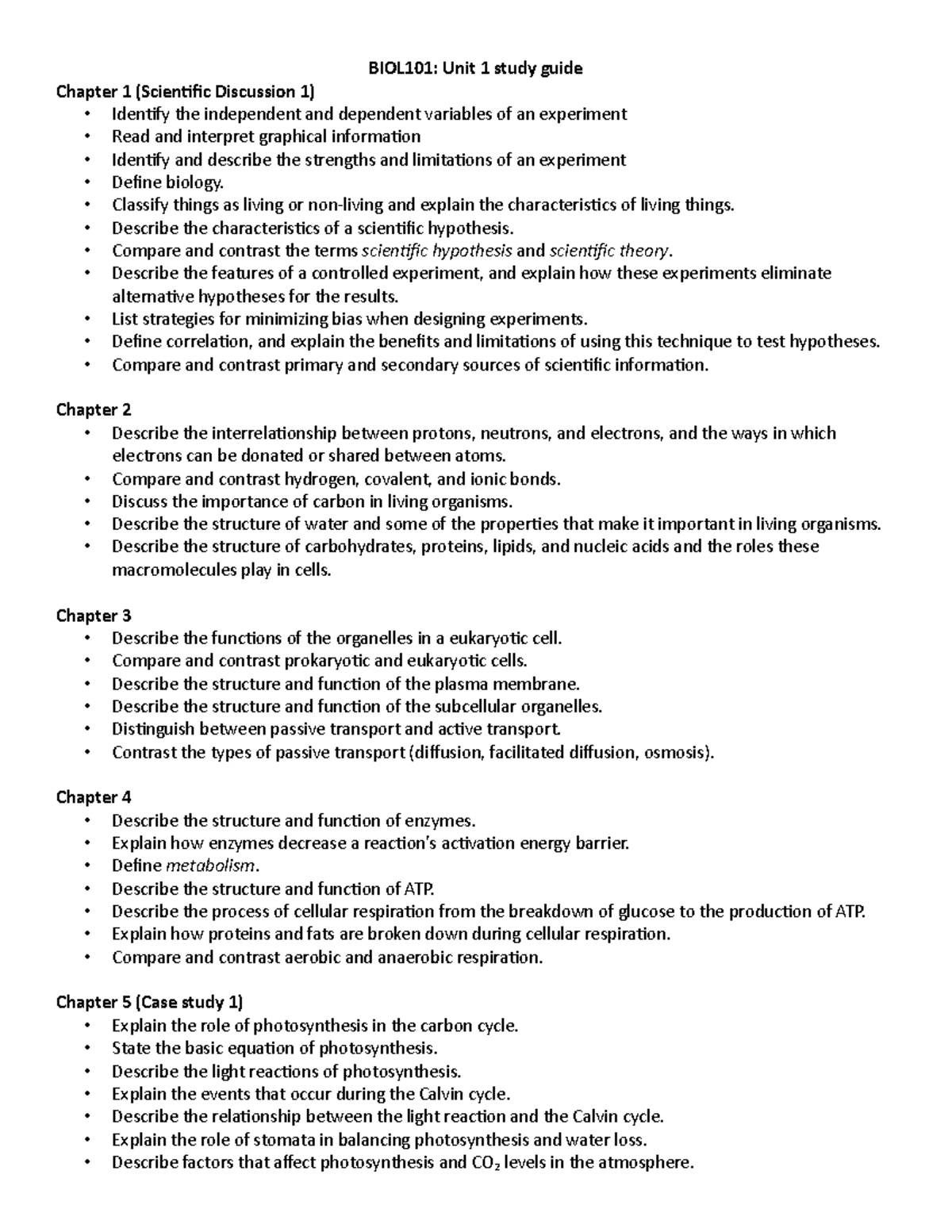 BIOL101 Unit 1 Study Guide - BIOL101: Unit 1 Study Guide Chapter 1 ...