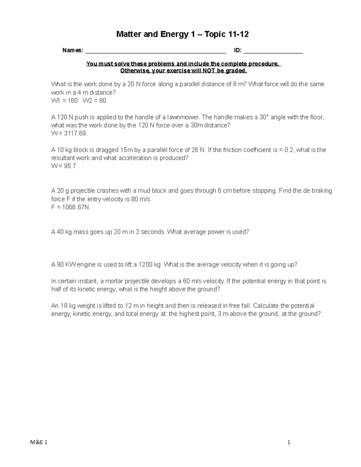 Matter and Energy 1 - Exercise Topics 11-12-1 - Matter and Energy 1 ...
