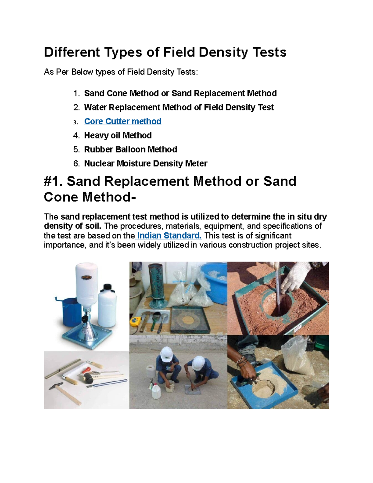 Different Types of Field Density Tests Sand Replacement Method or