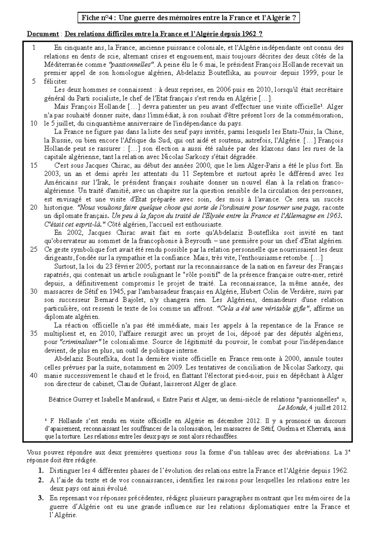 Alg F4 Chap1 Mémoires-G D Alg Fiche 4 évol° Relat° Fr-Alg - Fiche N°4 ...