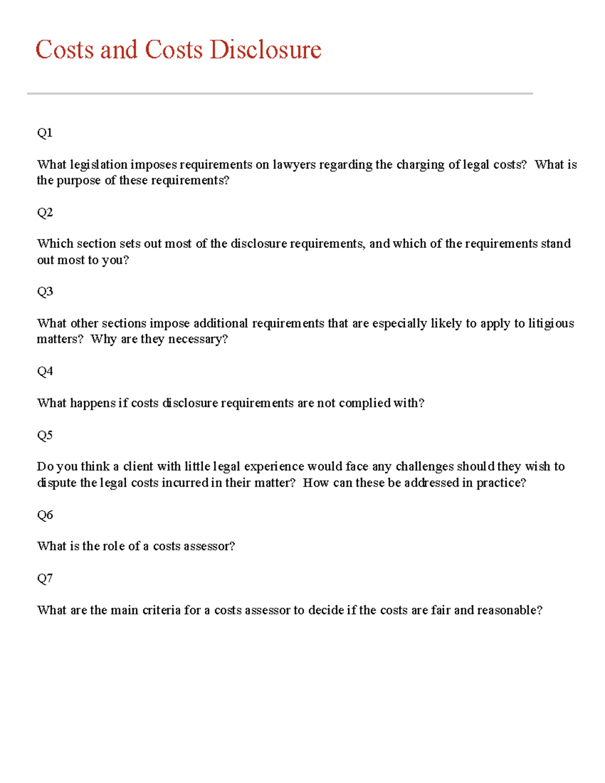 Week 10 worksheet 2023 - questions - Costs and Costs Disclosure Q What ...