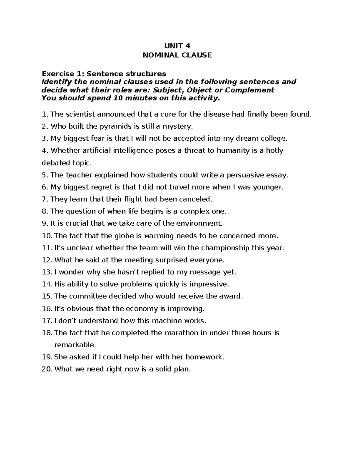 Unit 4 - Material 2 - Complex sentence - Nominal clause - UNIT 4 ...