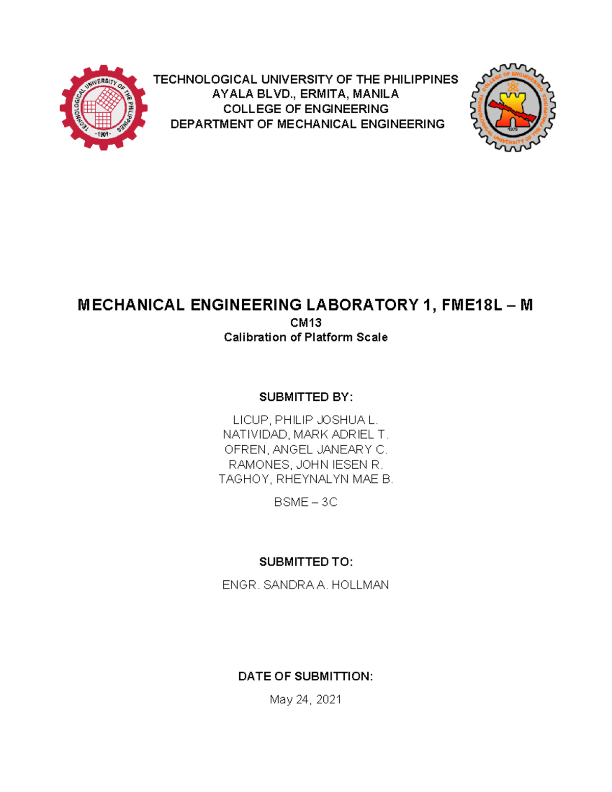 CM13 ME LAB1 BSME 3C Calibration of Platform Scale TECHNOLOGICAL