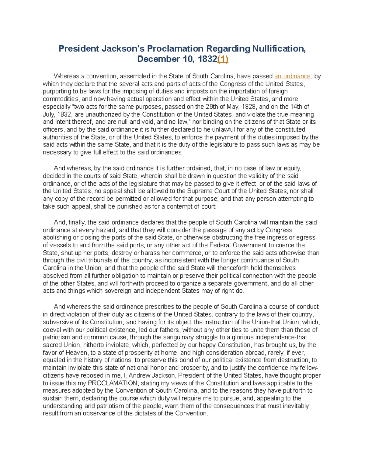 President Jackson's proclamation - And whereas the said ordinance ...