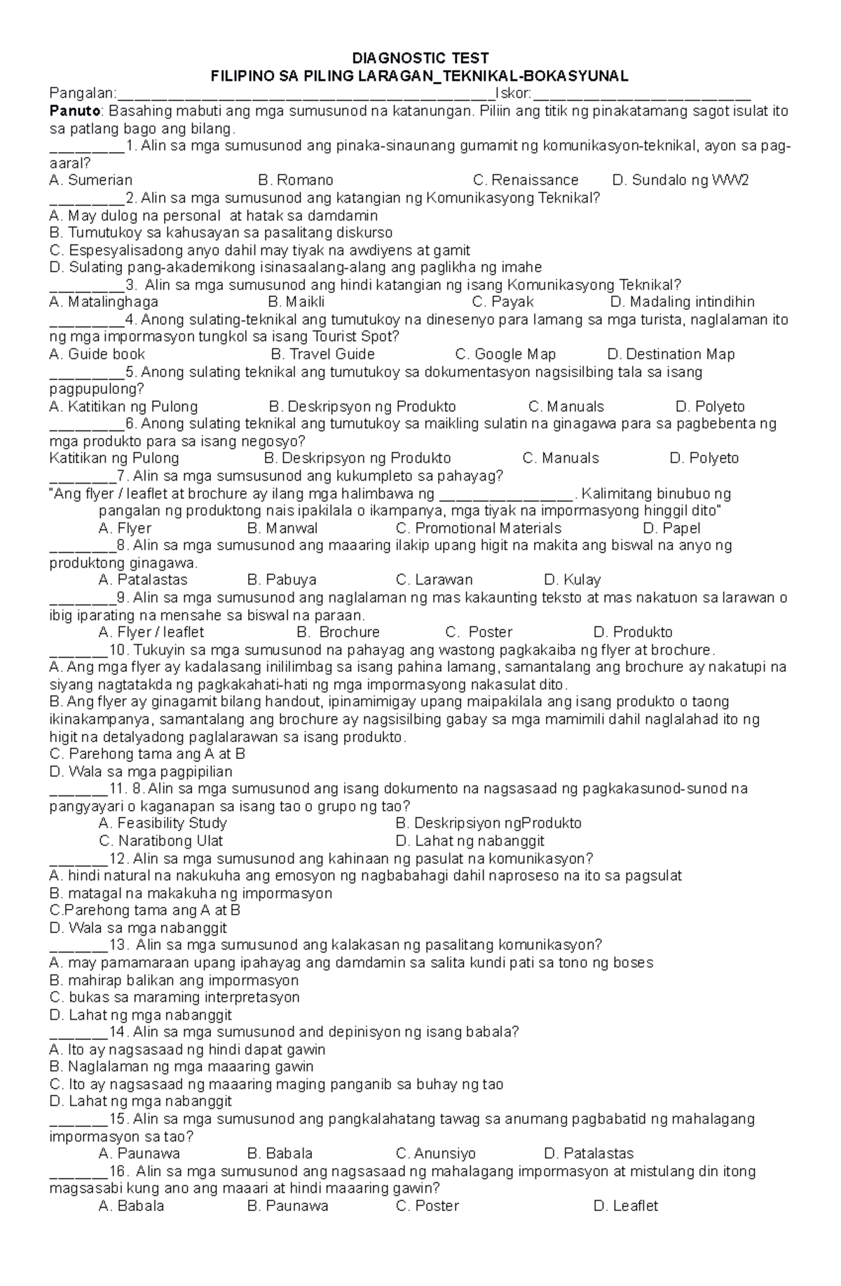 Diagnostic TEST Tekbok - DIAGNOSTIC TEST FILIPINO SA PILING LARAGAN ...