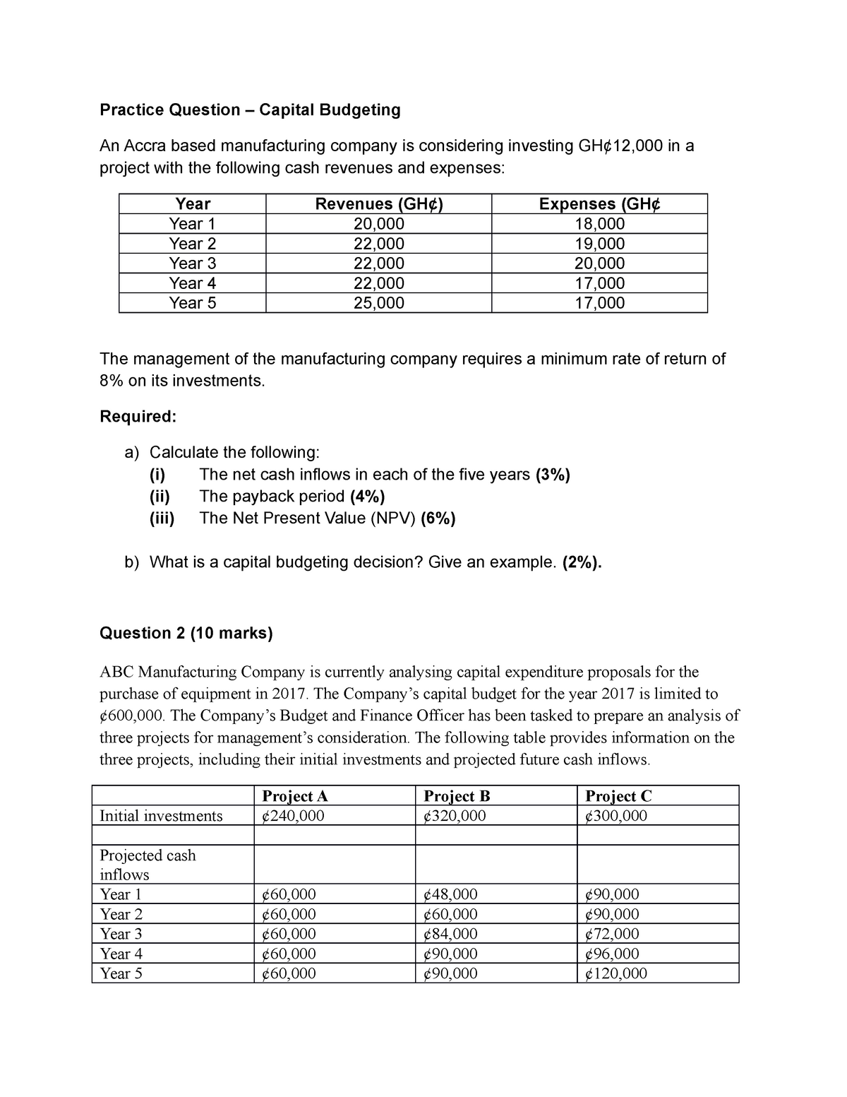 capital budgeting sample problems with solutions