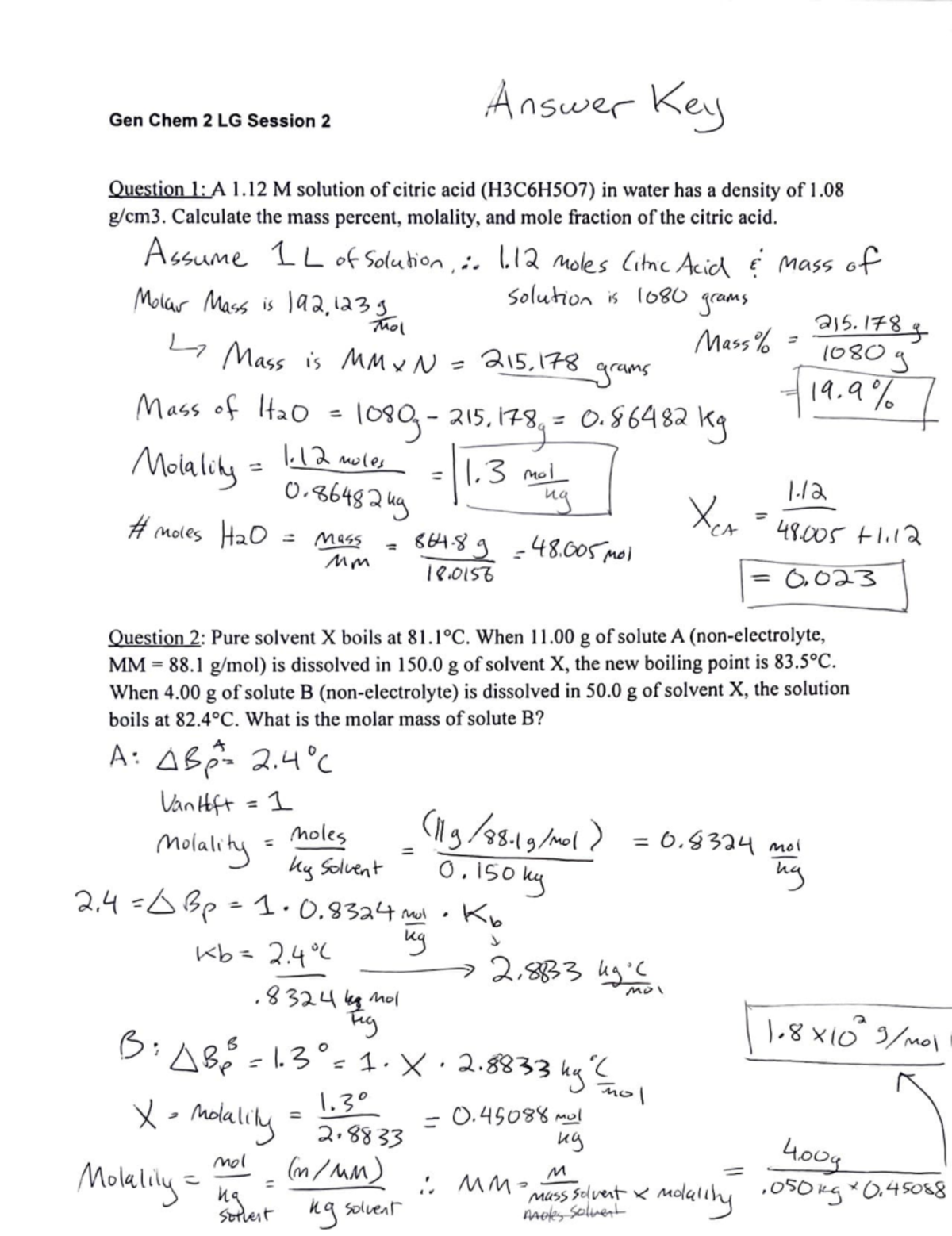 Gen Chem II LG 2 KEY - notes - Gen Chem 2 LG Session 2 Ouestjon) · A 1 ...