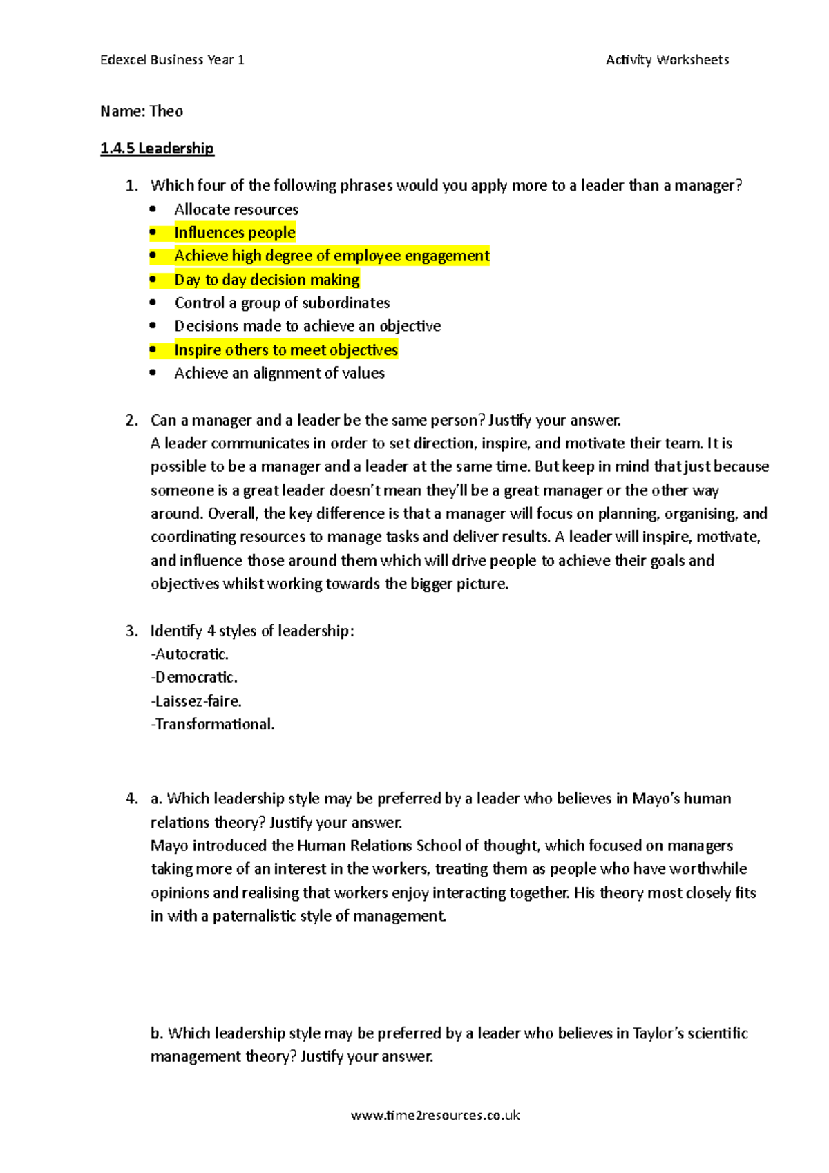 1.4.5 Leadership - i dont know - Edexcel Business Year 1 Activity ...