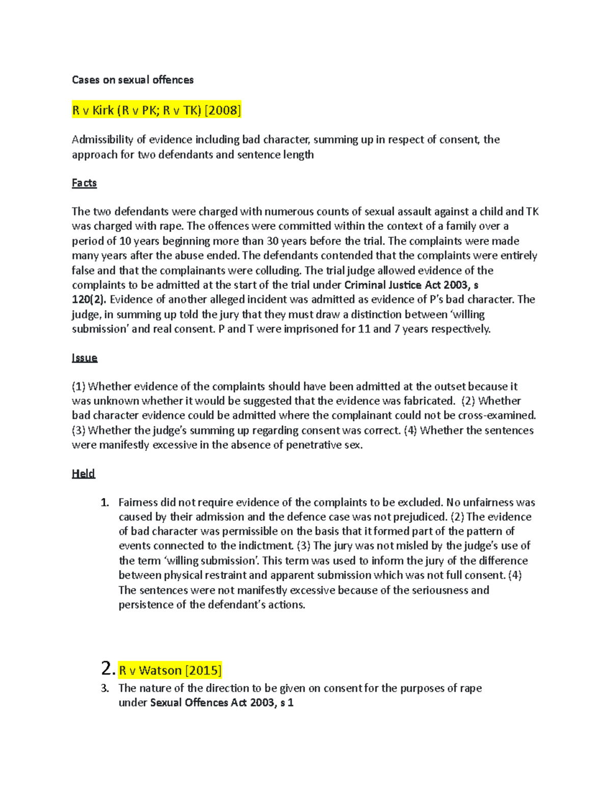 Cases Sexual Offence - Cases On Sexual Offences R V Kirk (R V PK; R V ...