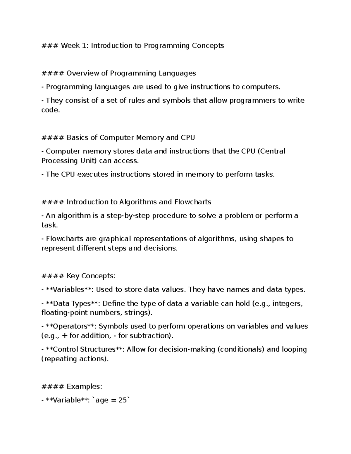 Week 1 - Programming basic notes - Week 1: Introduction to Programming ...