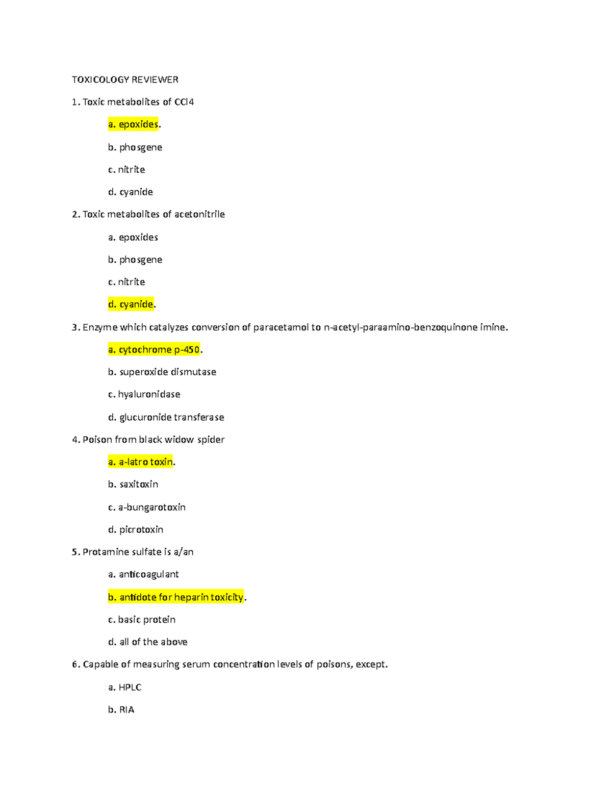 Toxicology - TOXICOLOGY REVIEWER 1. Toxic metabolites of CCl4 a ...