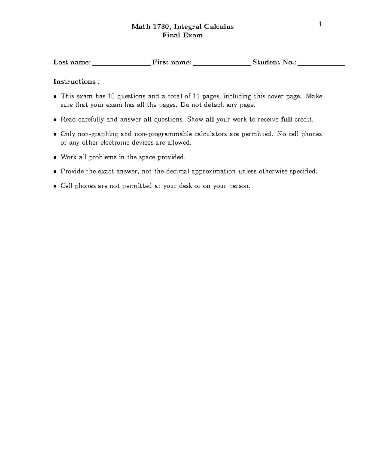 Self Evaluation Test Integral Calculus April 2, 2023 - Math 1730 ...