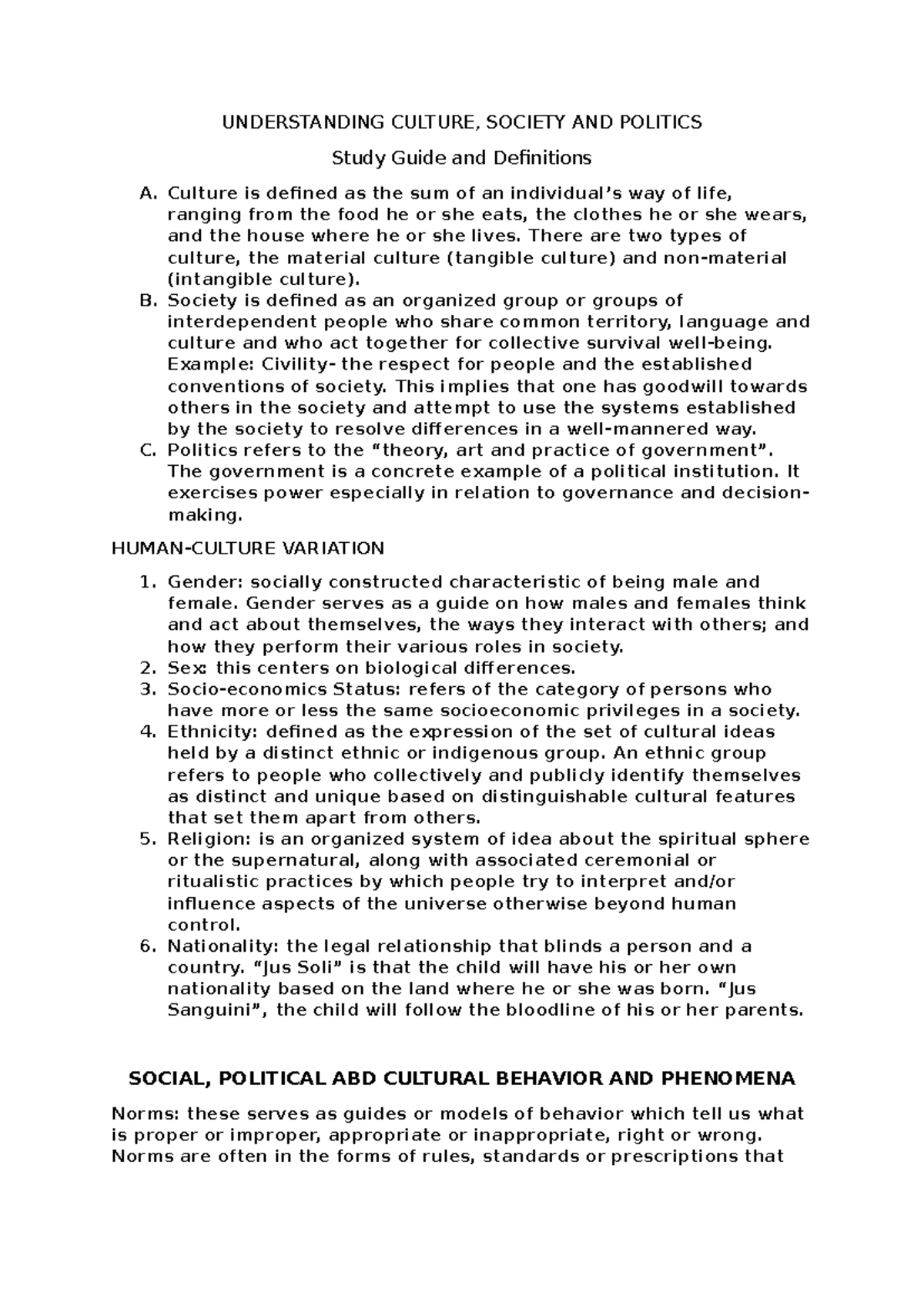 Understanding Culture - UNDERSTANDING CULTURE, SOCIETY AND POLITICS ...