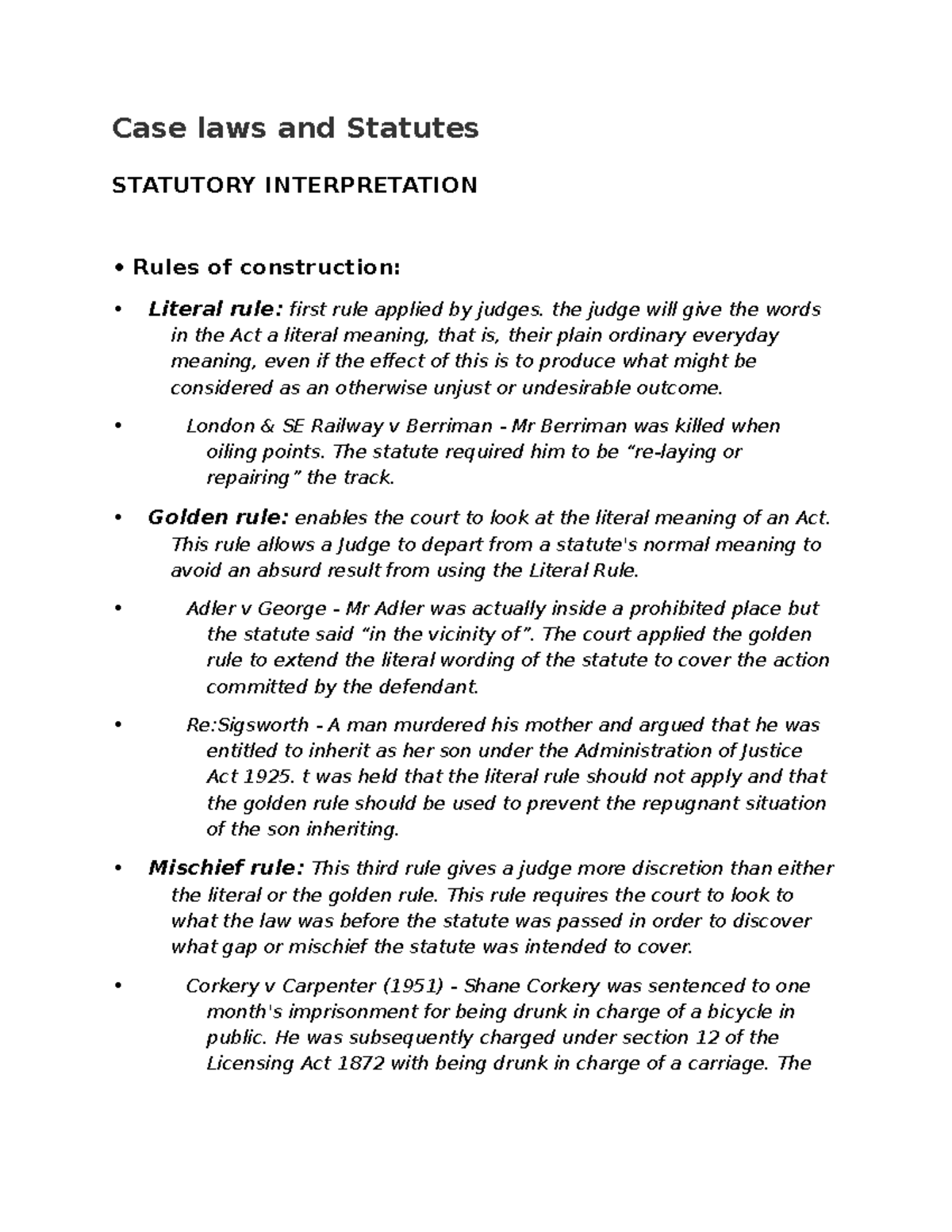 Common Law Lecture 4 Case laws and Statutes STATUTORY INTERPRETATION