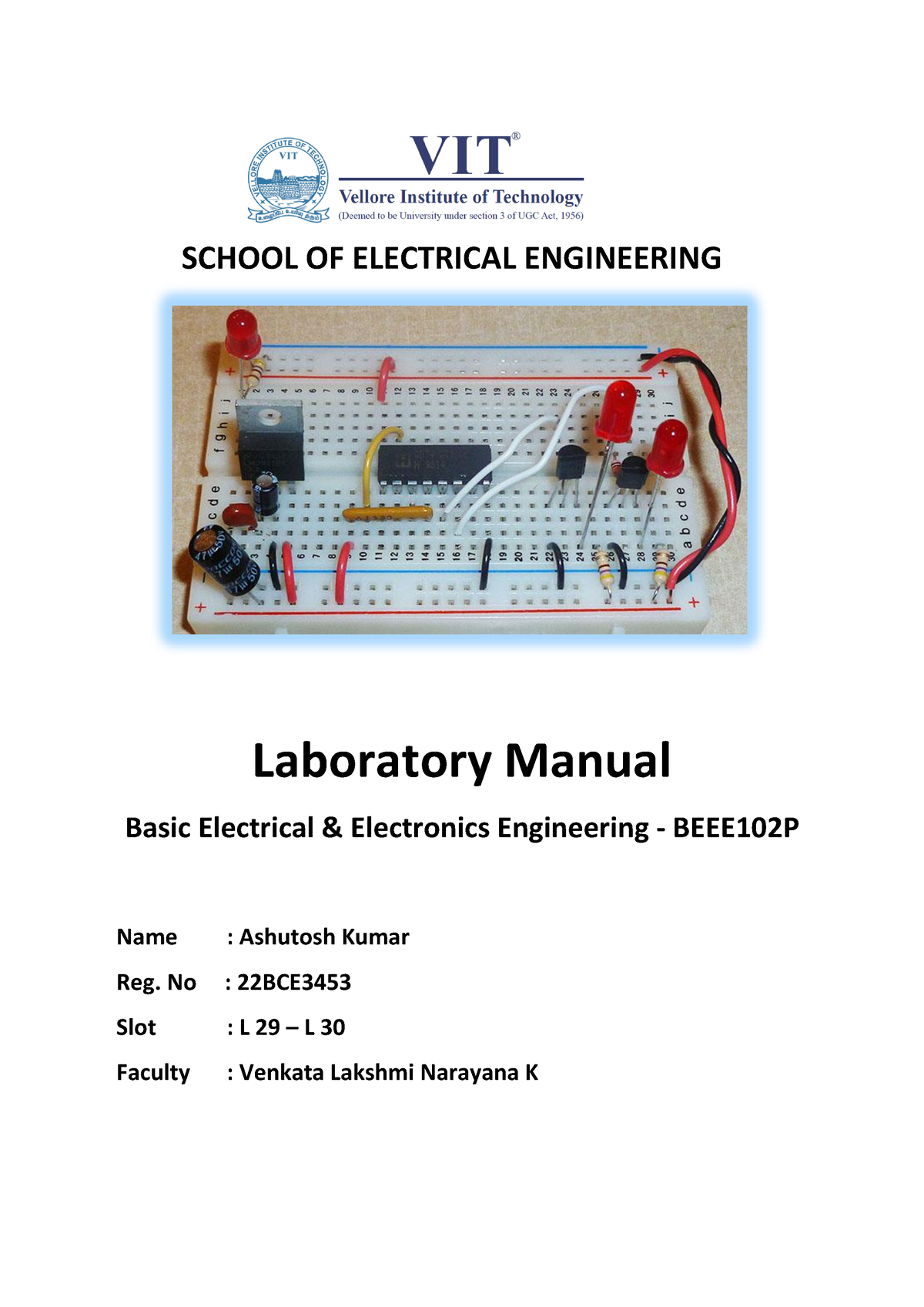 BEEE - Da Of Bee - SCHOOL OF ELECTRICAL ENGINEERING Laboratory Manual ...