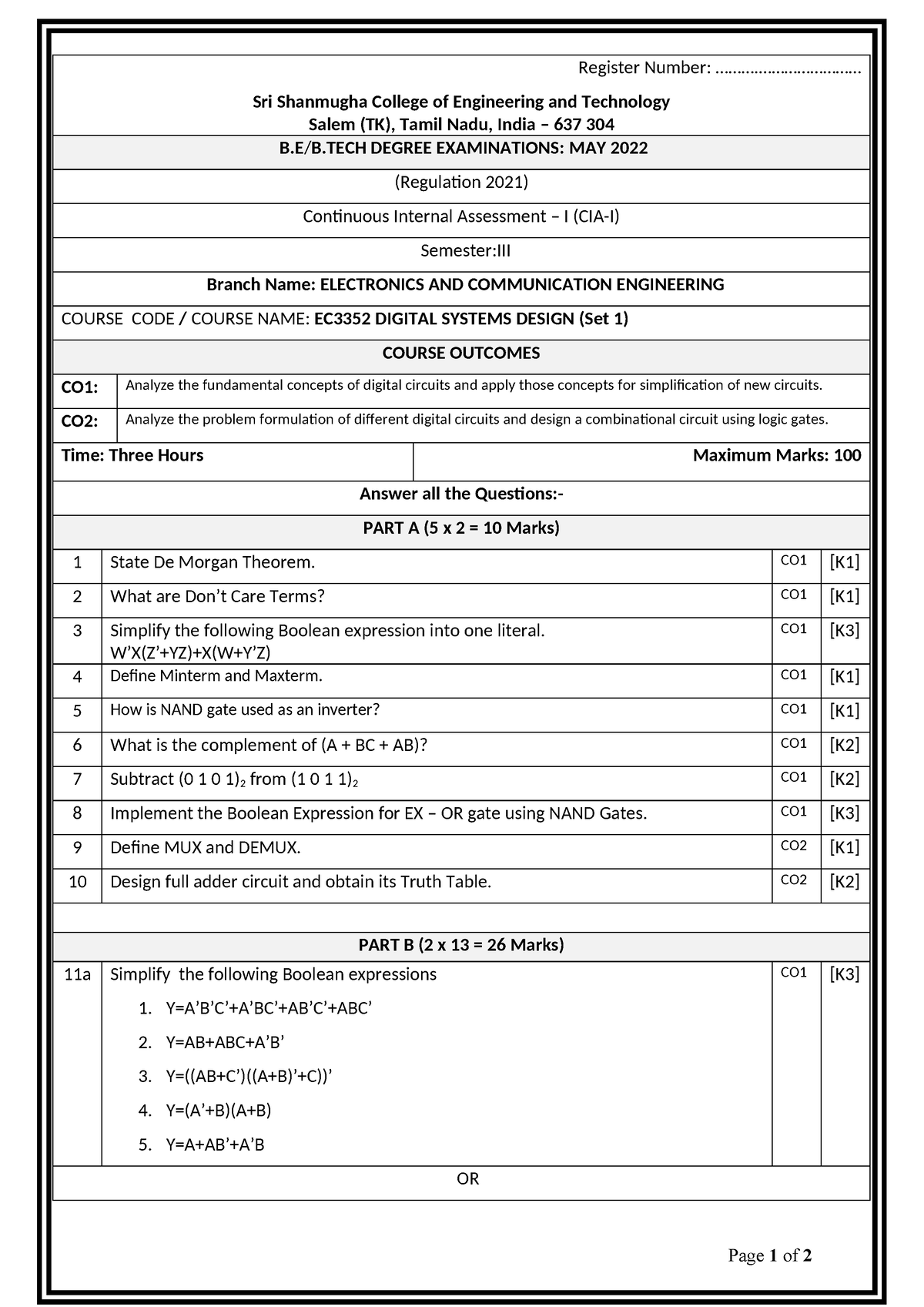 DSD IAT 1 SET 1 - Register Number ...