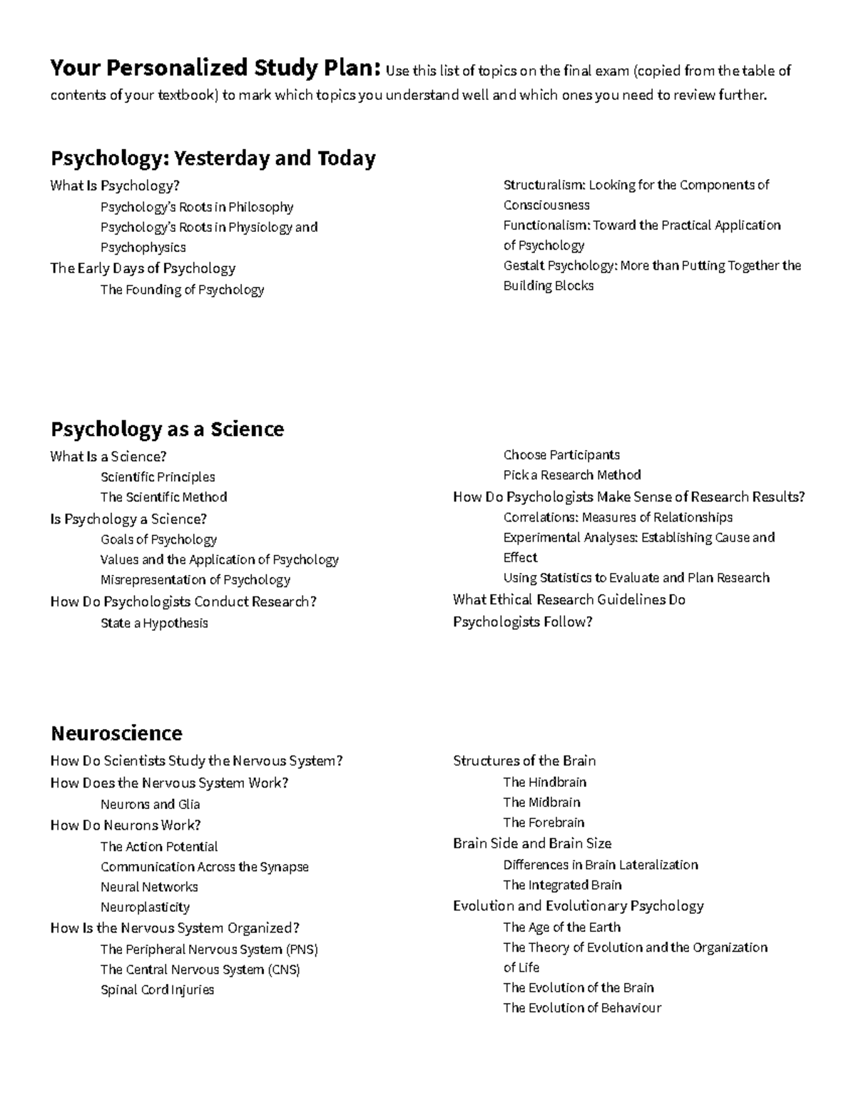 exam review for ps101 - Your Personalized Study Plan: Use this list of ...