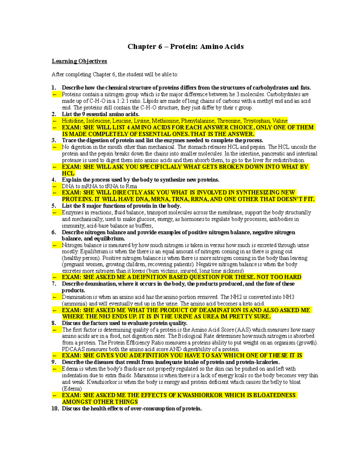 Proteins study guide before exam - Chapter 6 Protein: Amino Acids ...