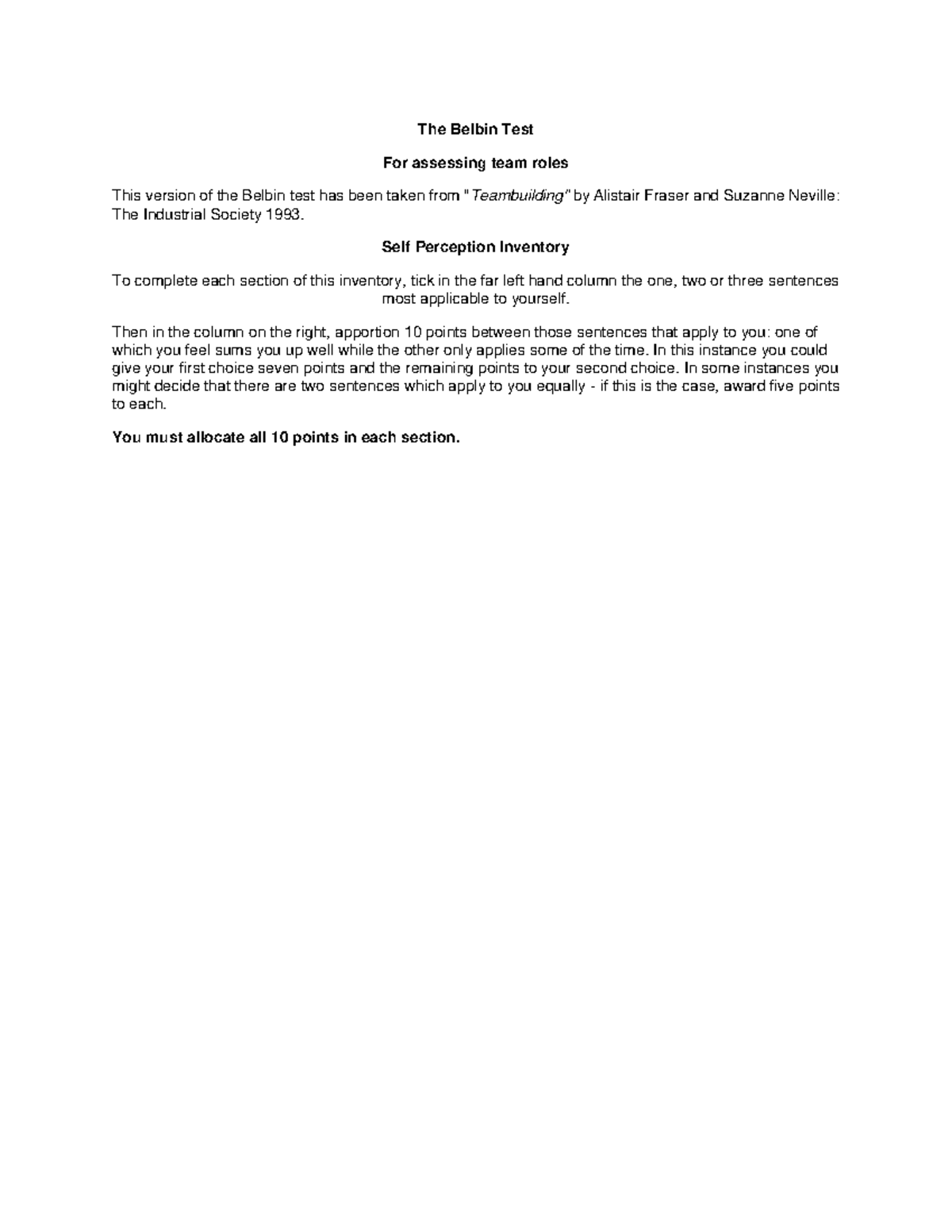 Belbintest - abc - The Belbin Test For assessing team roles This ...