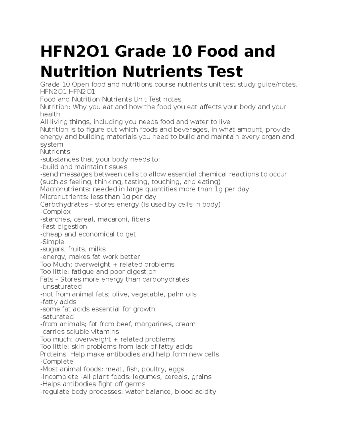 HFN2O1 Grade 10 Food and Nutrition Nutrients Test - HFN2O1 Grade 10 ...