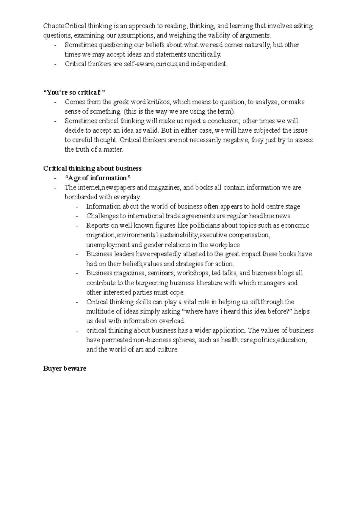 Week 1 Textbook Notes - Adms1010 Eytan Lasry - Chaptecritical Thinking 