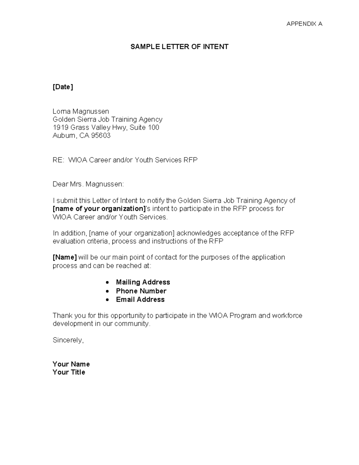 Appendix A Sample Letter of Intent - SAMPLE LETTER OF INTENT [Date ...